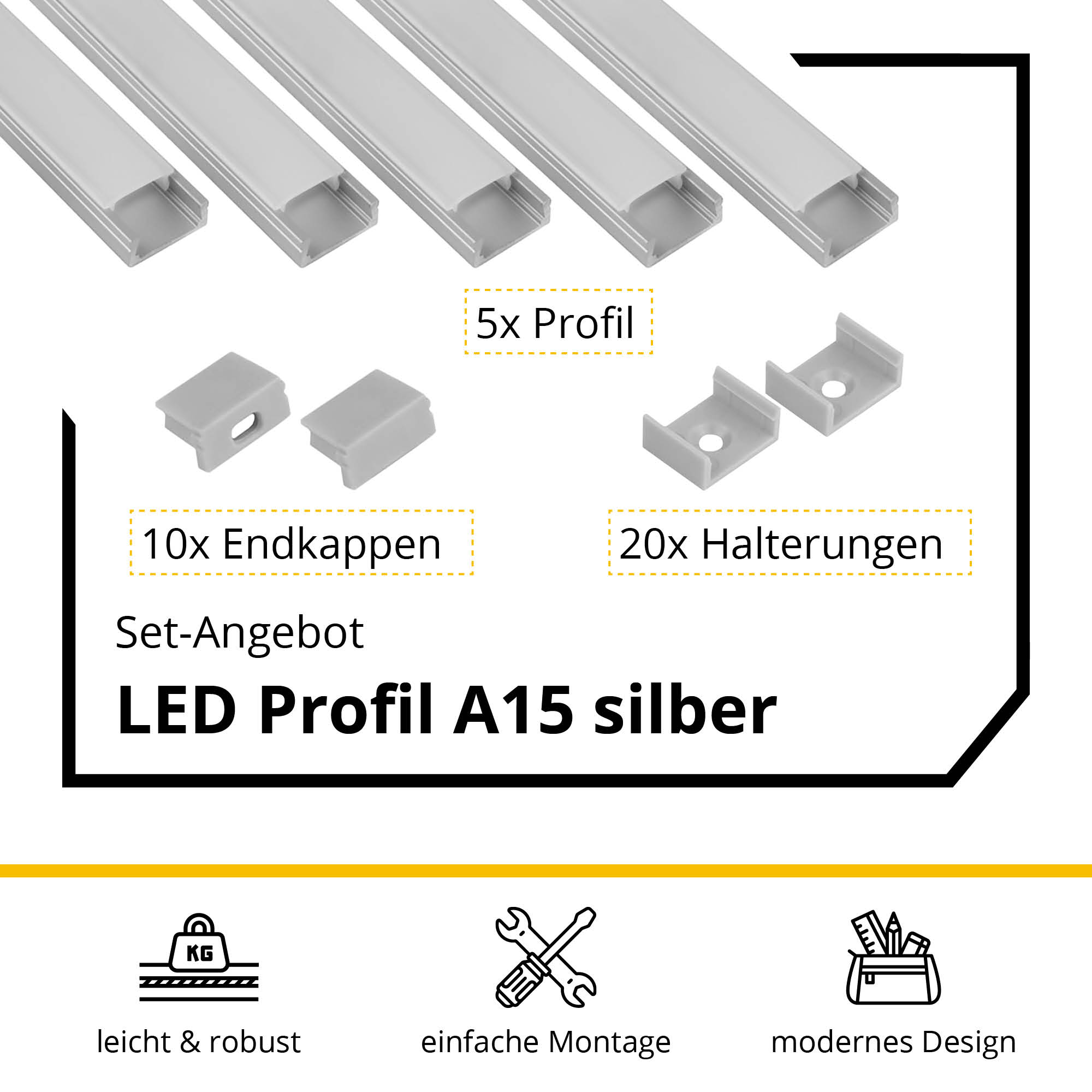 5x A15 LED Profil 2m - Silber inkl. Abdeckung opal, Halter & Endkappen