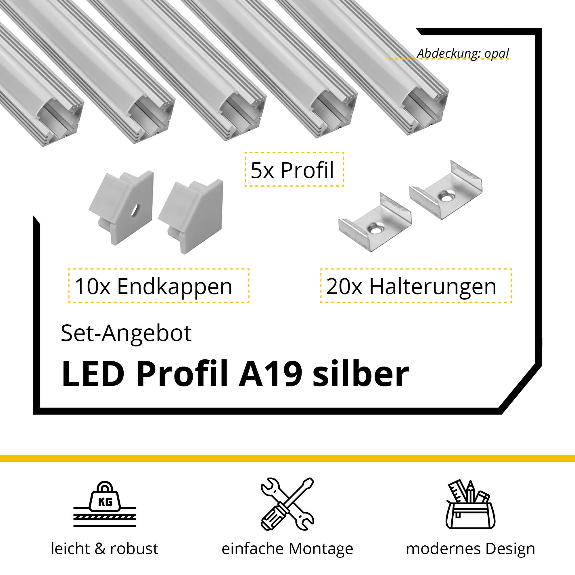 5x A19 LED Profil 2m - Silber inkl. Abdeckung, Halter & Endkappen 5x A19 LED Profil 2m - Silber inkl. Abdeckung opal, Halter & Endkappen