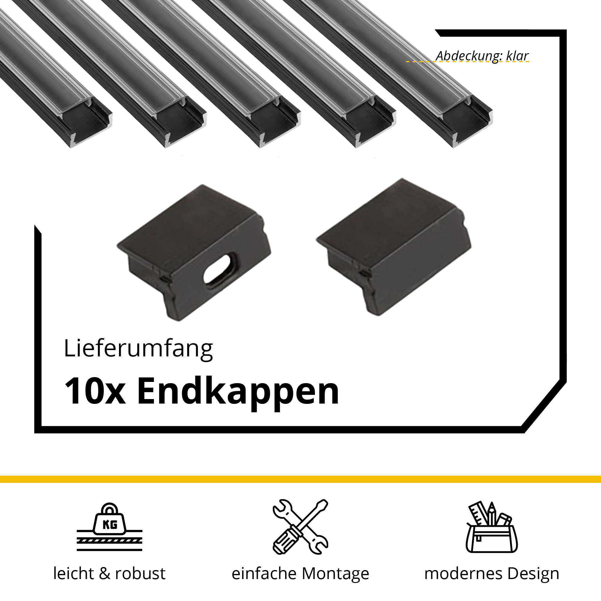 5x A15 LED Profil 2m - Schwarz inkl. Abdeckung klar, Halter & Endkappen