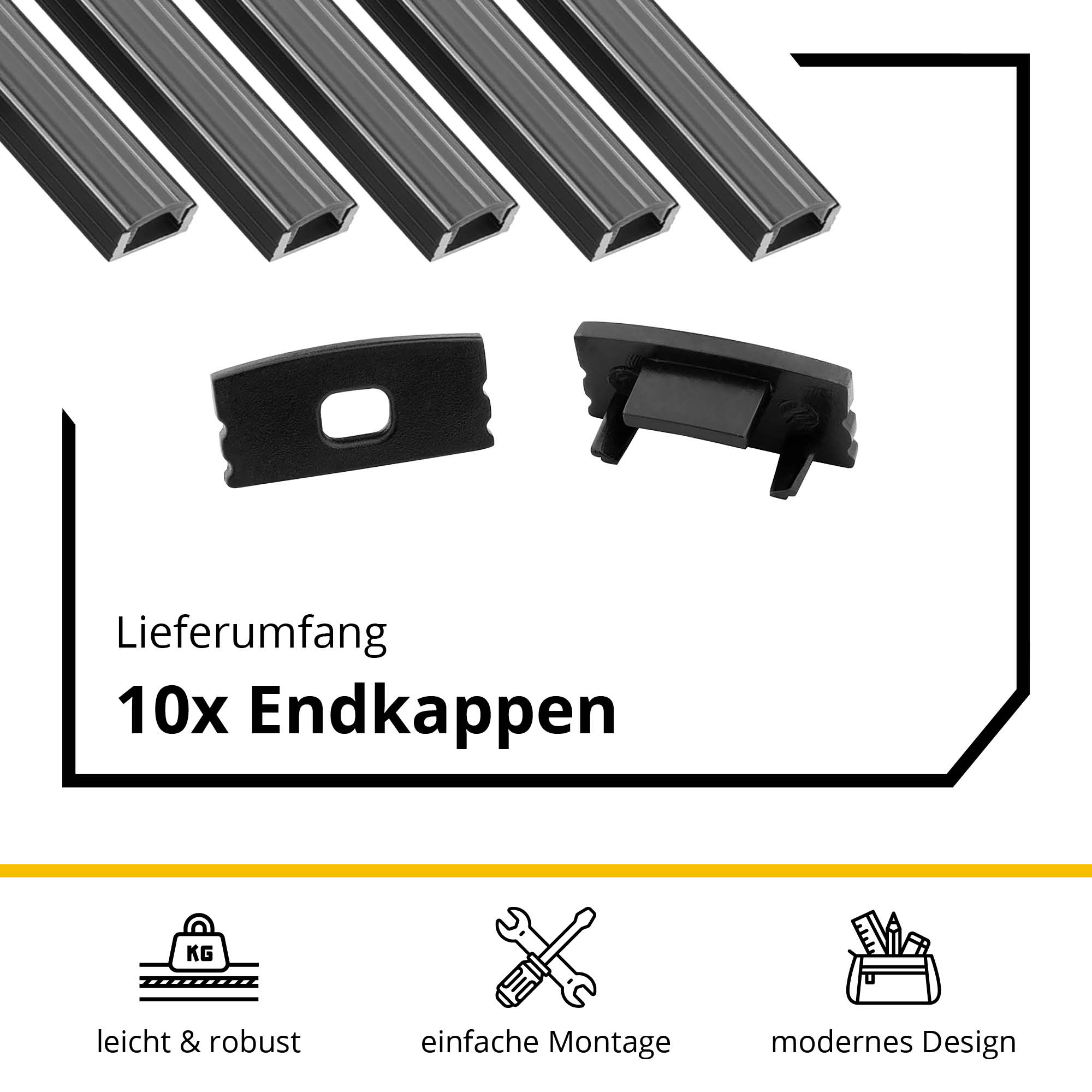 5x A17 LED Profil 2m - Schwarz inkl. Abdeckung klar, Halter & Endkappen