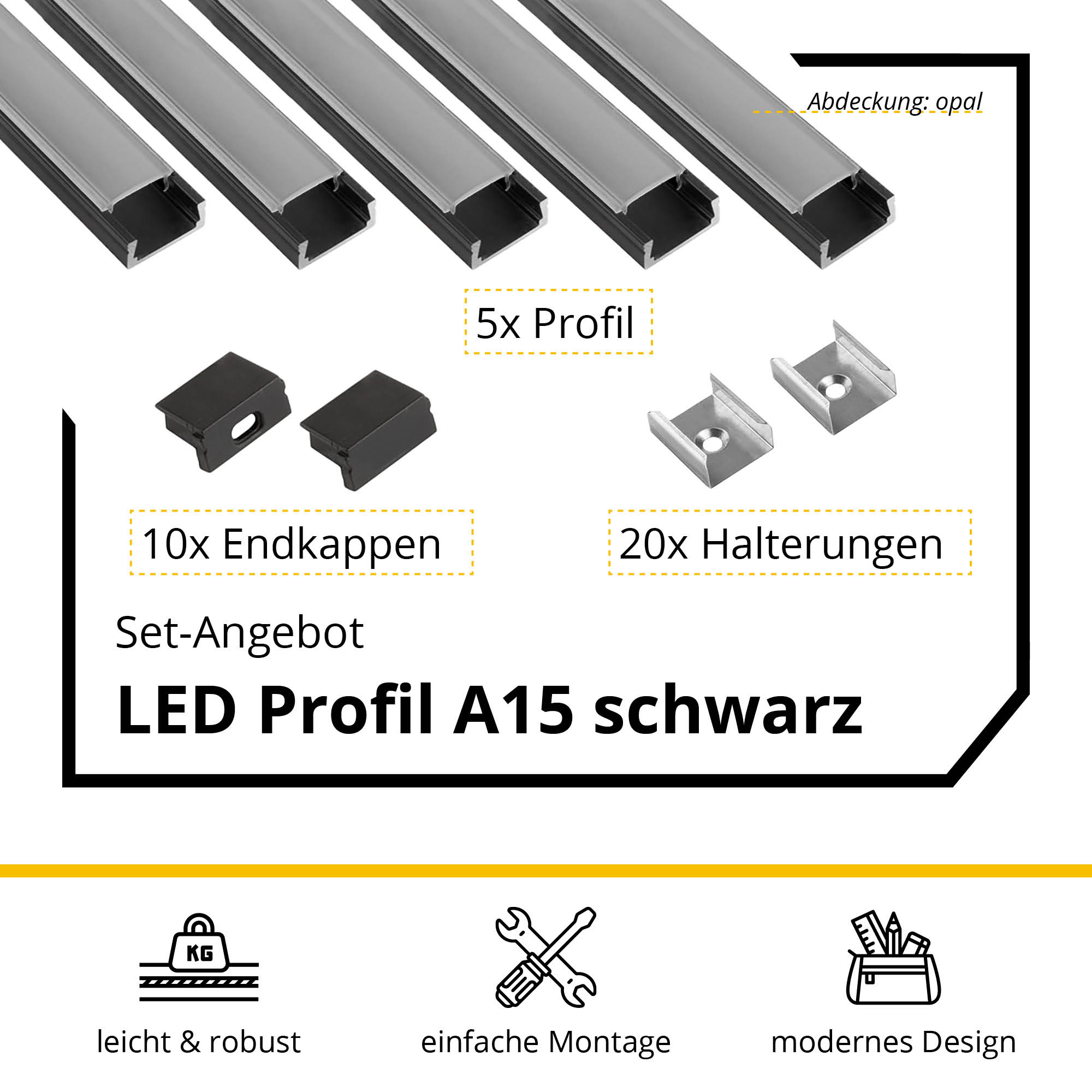 5x A15 LED Profil 2m - Schwarz inkl. Abdeckung opal, Halter & Endkappen