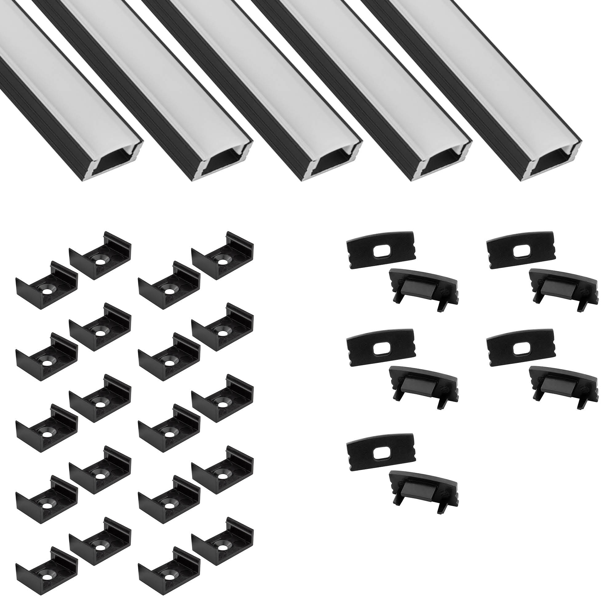5x A17 LED Profil 2m - Schwarz inkl. Abdeckung milky, Halter & Endkappen