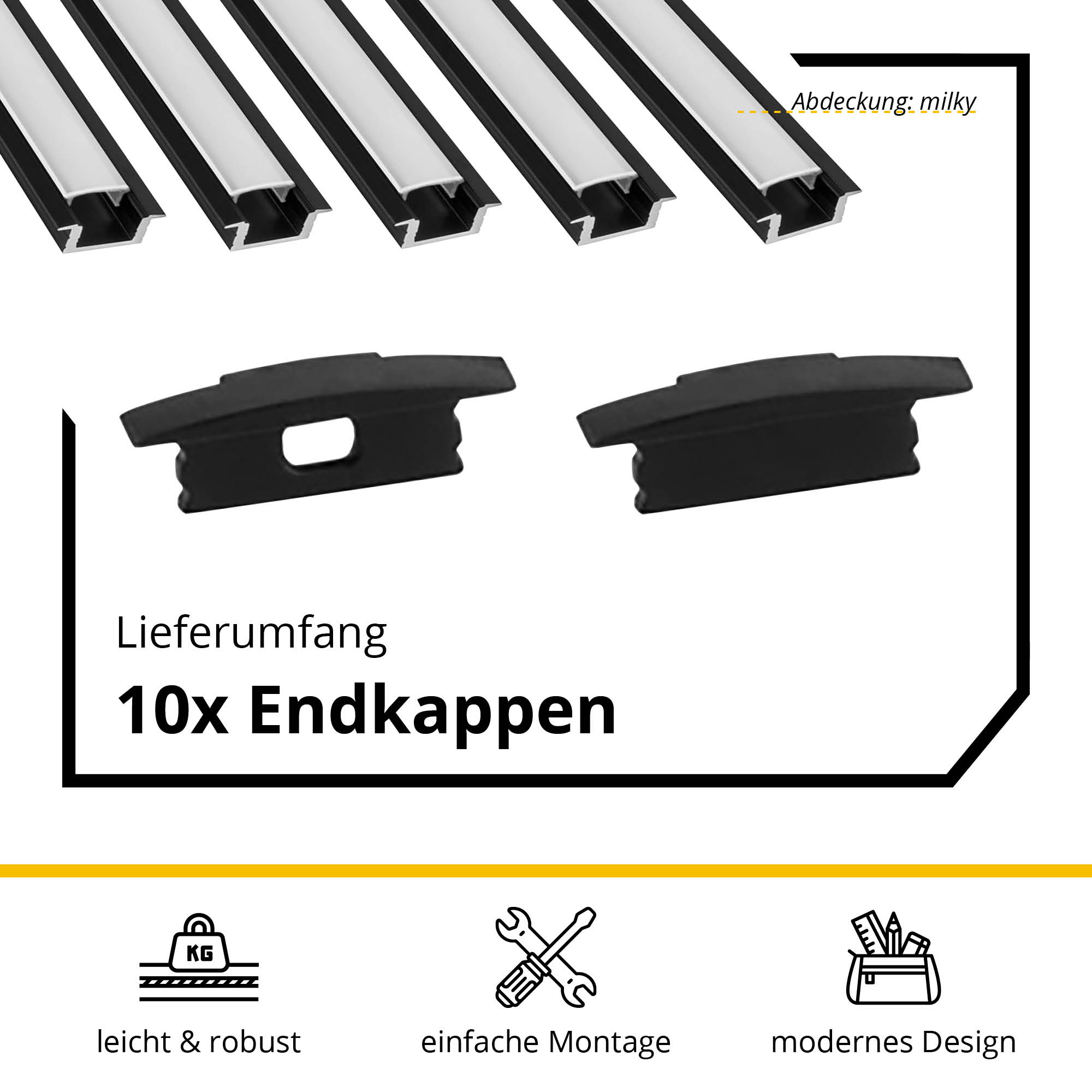 5x A25 LED Profil 2m - Schwarz inkl. Abdeckung milky & Endkappen 5x A25 LED Profil 2m - Schwarz inkl. Abdeckung milky & Endkappen