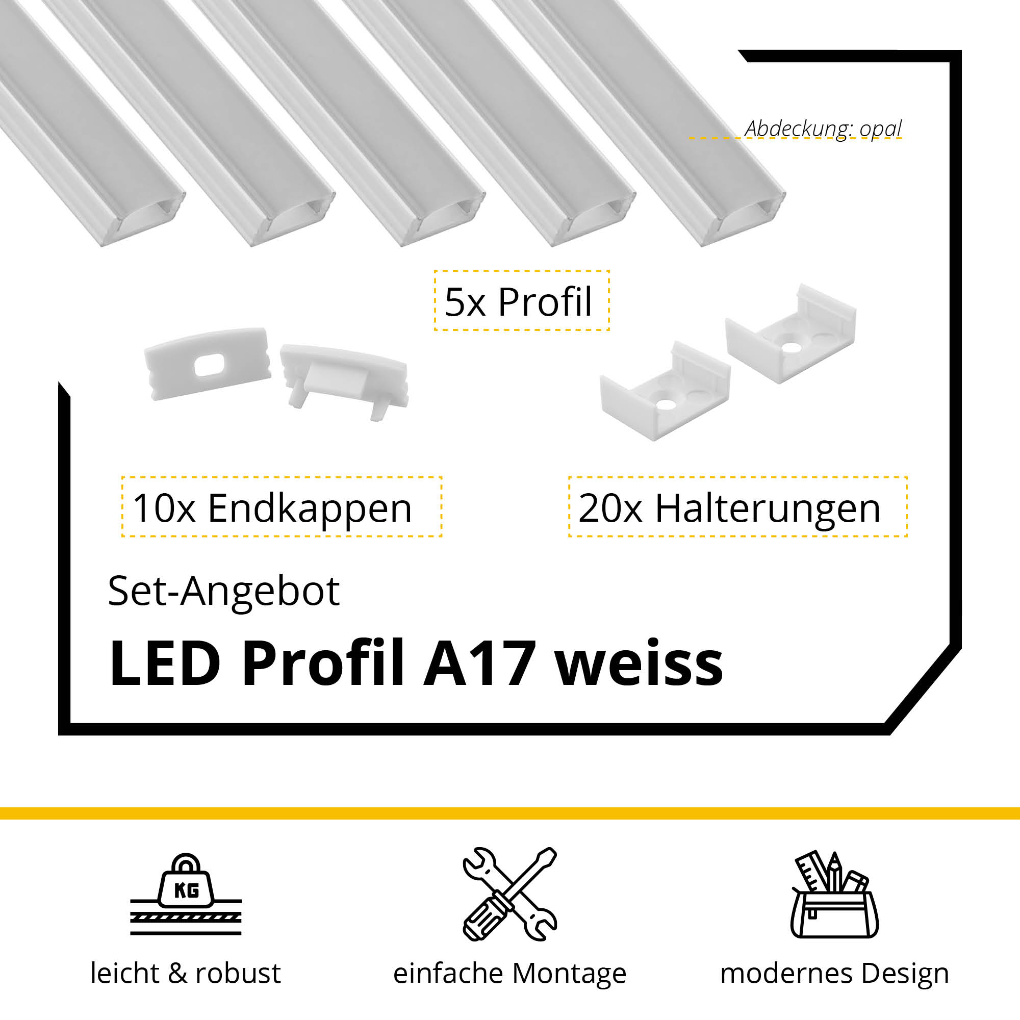 5x A17 LED Profil 2m - Weiss inkl. Abdeckung, Halter & Endkappen 5x A17 LED Profil 2m - Weiss inkl. Abdeckung opal, Halter & Endkappen