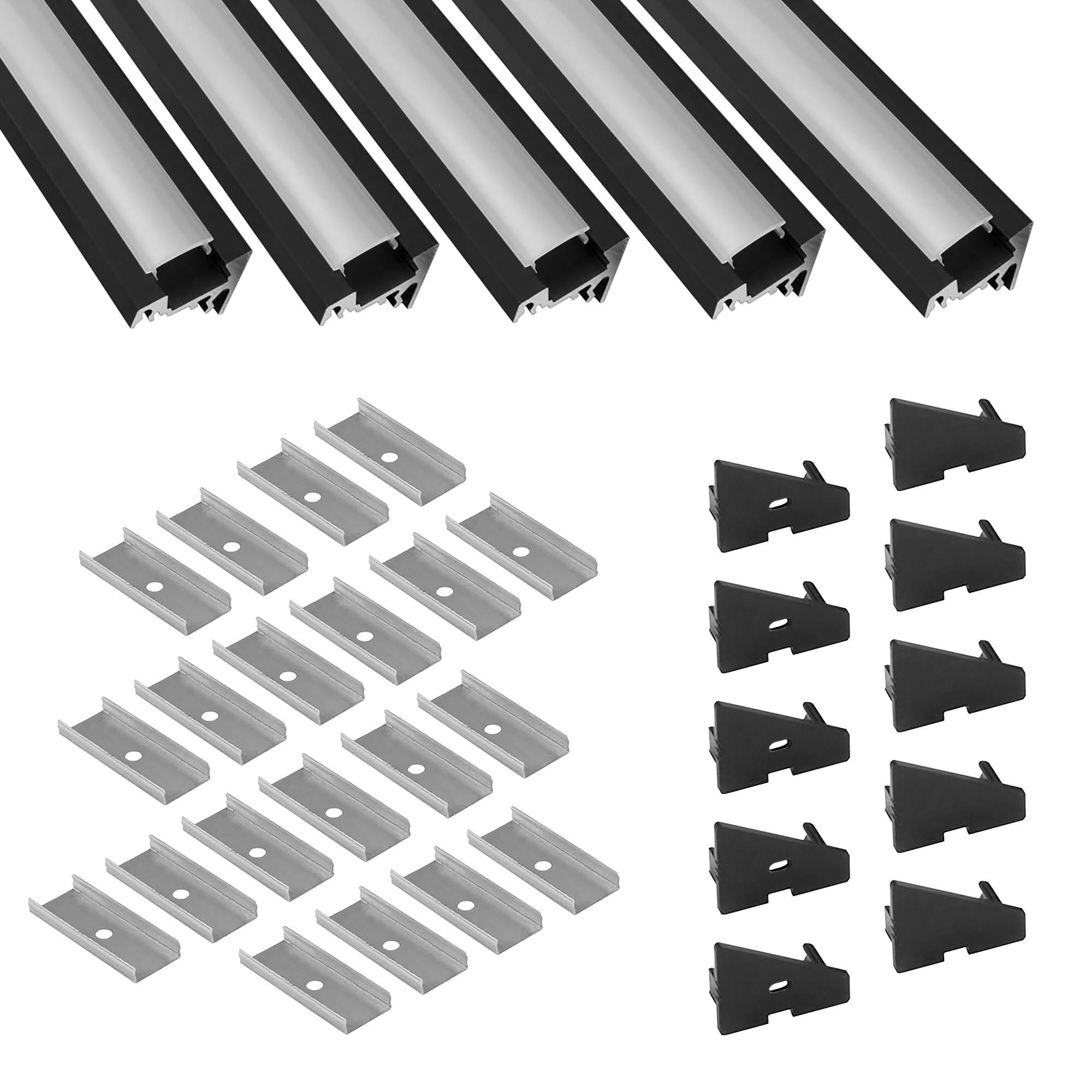 5x A20 LED Profil 2m - Schwarz inkl. Abdeckung opal, Halter & Endkappen