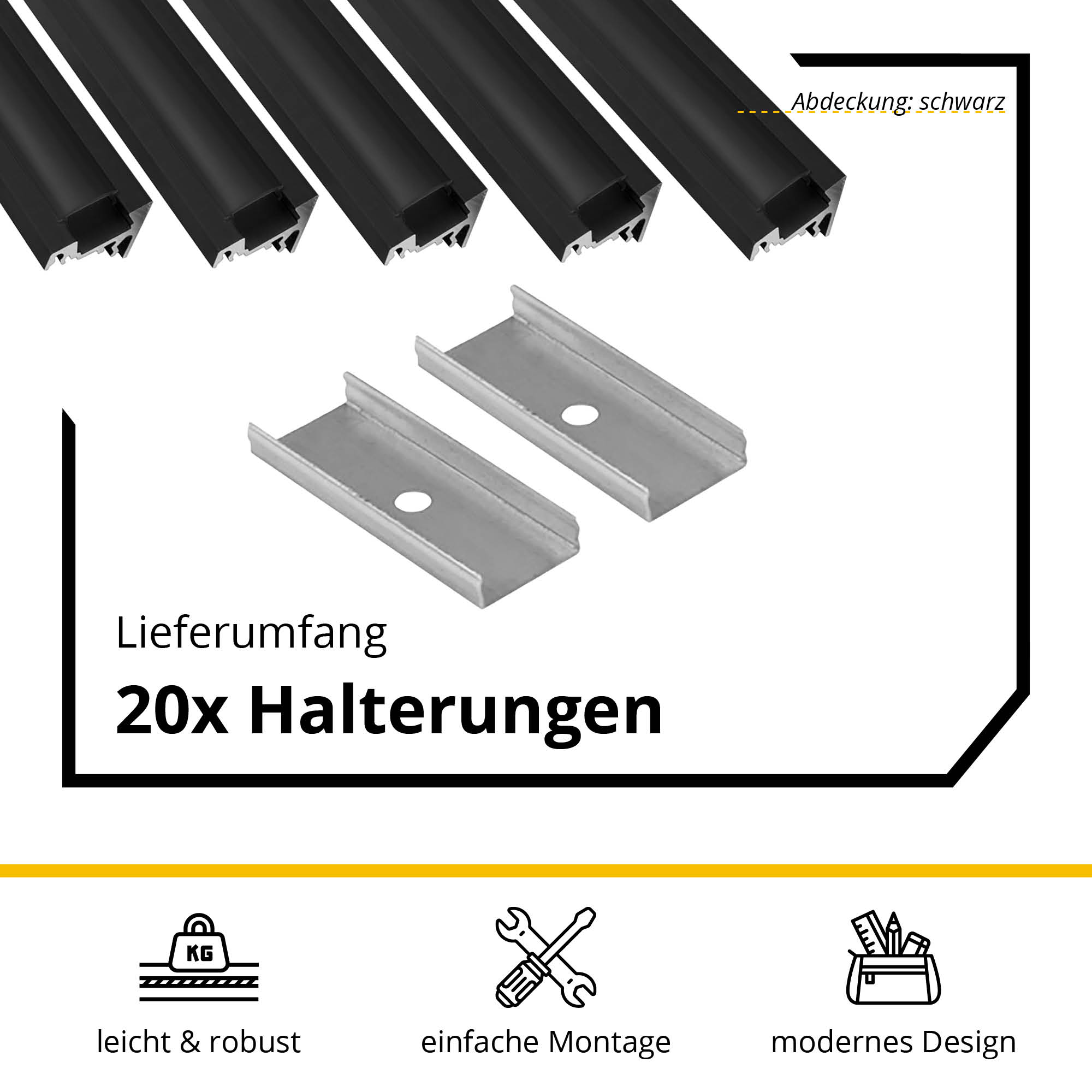 5x A20 LED Profil 2m - Schwarz inkl. Abdeckung schwarz, Halter & Endkappen
