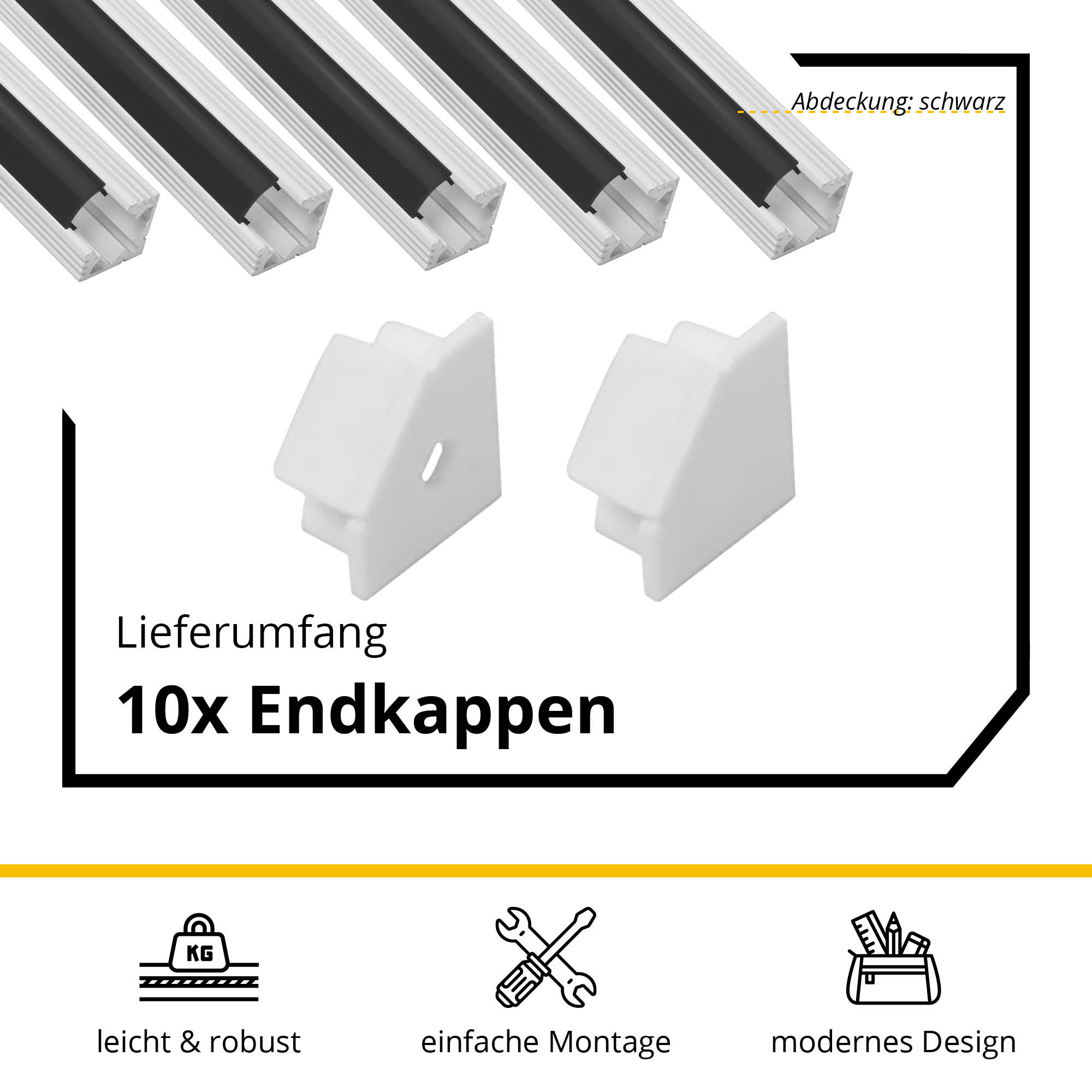 5x A19 LED Profil 2m - Weiss inkl. Abdeckung schwarz, Halter & Endkappen