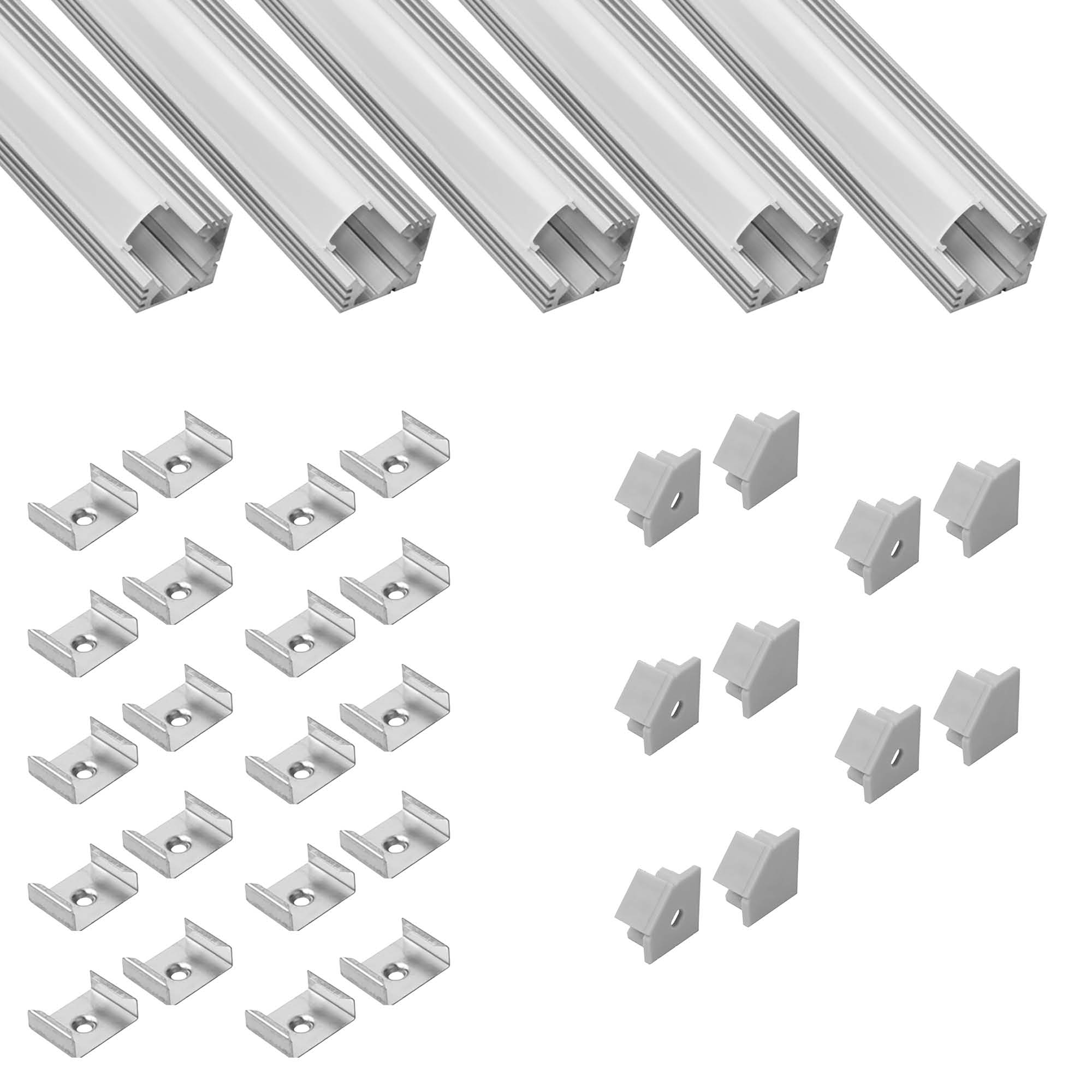 5x A19 LED Profil 2m - Silber inkl. Abdeckung milky, Halter & Endkappen 5x A19 LED Profil 2m - Silber inkl. Abdeckung milky, Halter & Endkappen