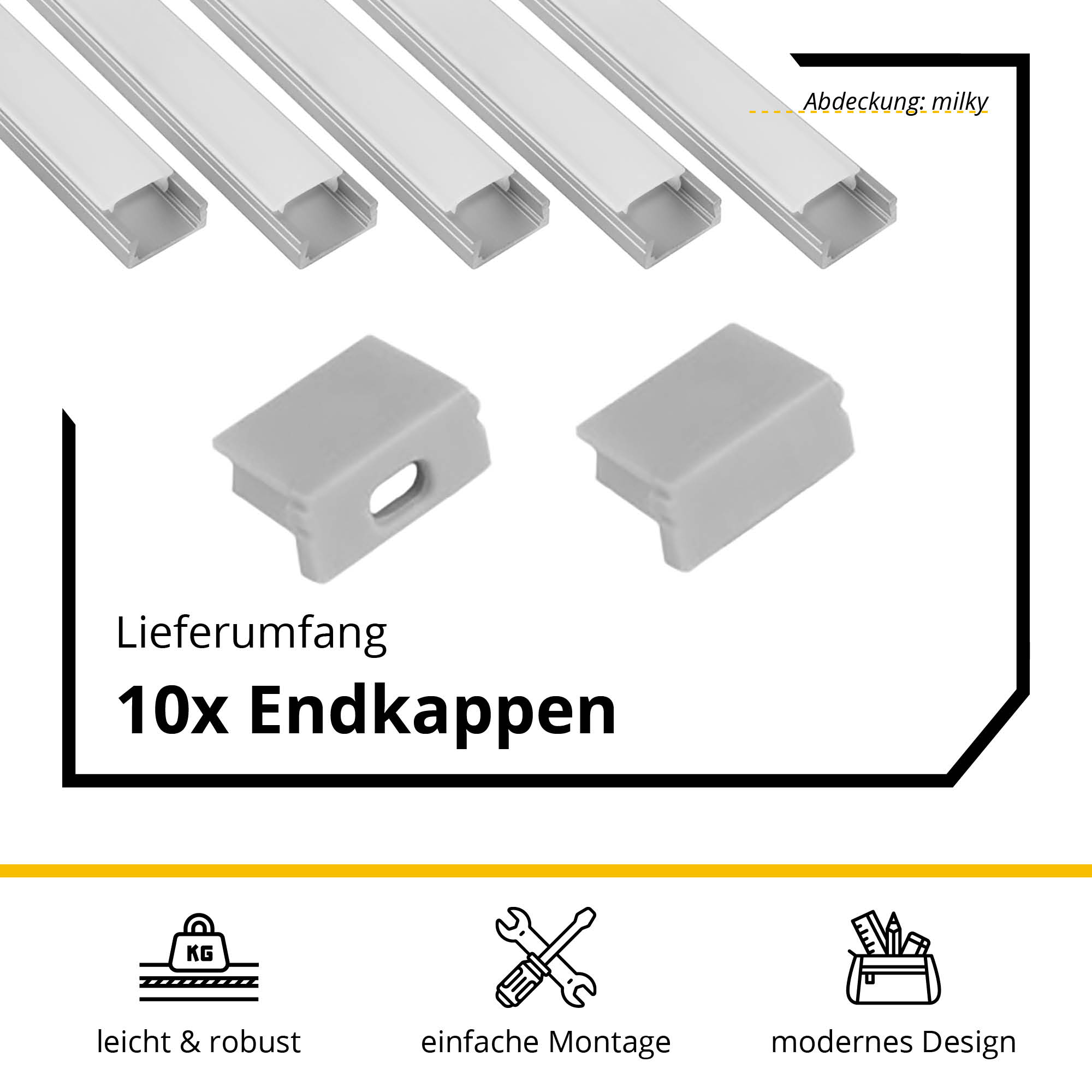 5x A15 LED Profile 2m - Silver incl. milky cover, clips & end caps