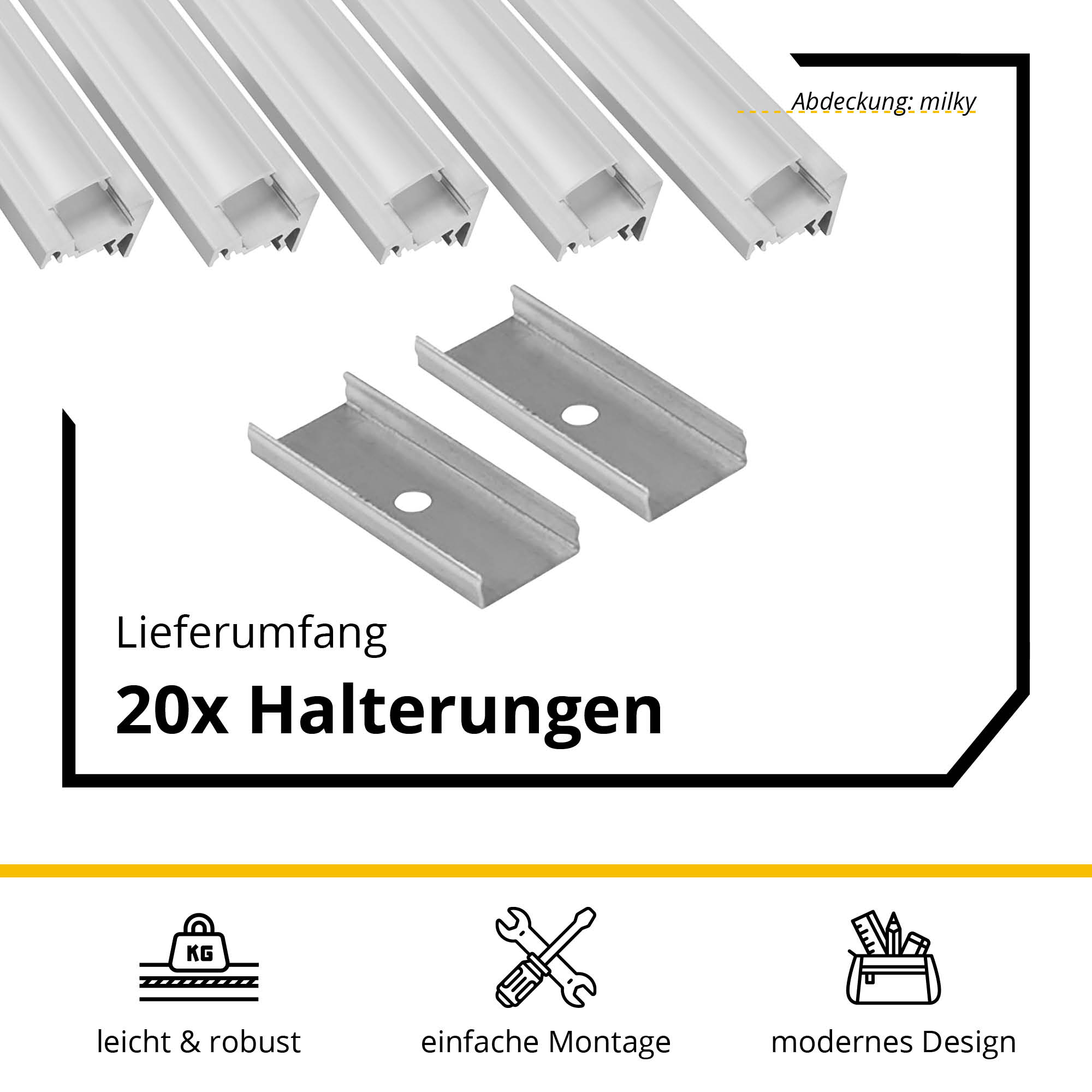 5x A20 LED Profil 2m - Silber inkl. Abdeckung milky, Halter & Endkappen 5x A20 LED Profil 2m - Silber inkl. Abdeckung milky, Halter & Endkappen