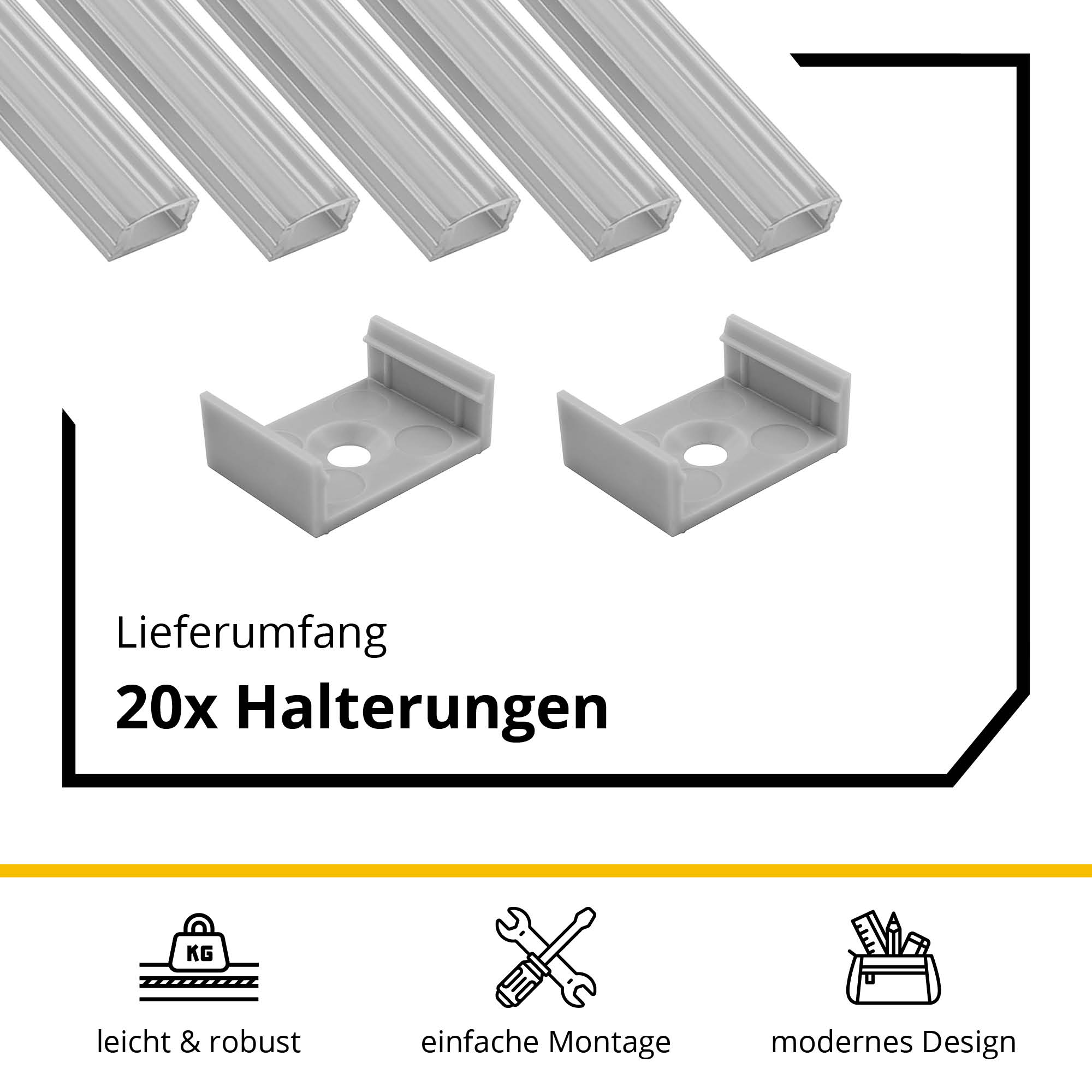 5x A17 LED Profil 2m - Silber inkl. Abdeckung klar, Halter & Endkappen