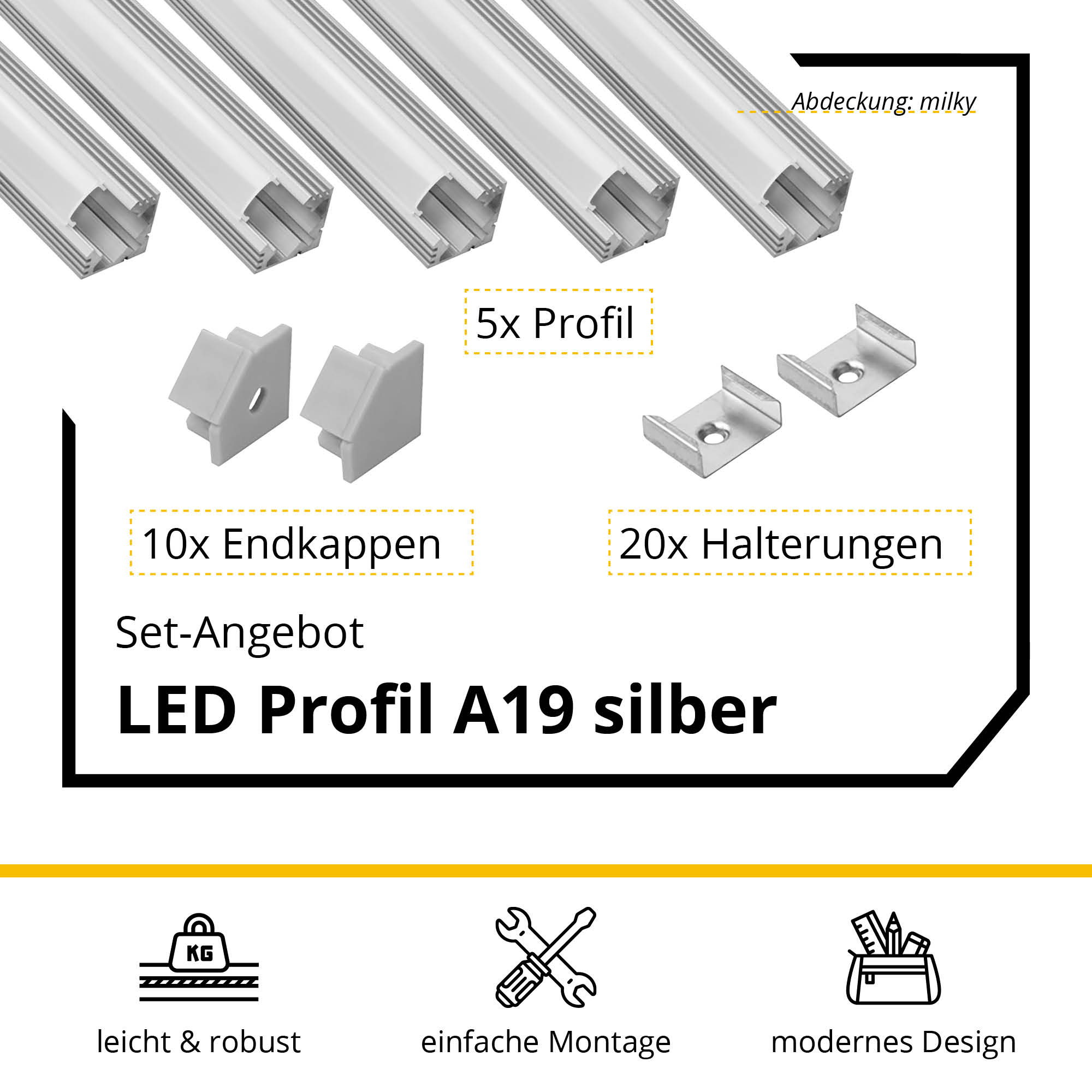 5x A19 LED Profil 2m - Silber inkl. Abdeckung milky, Halter & Endkappen
