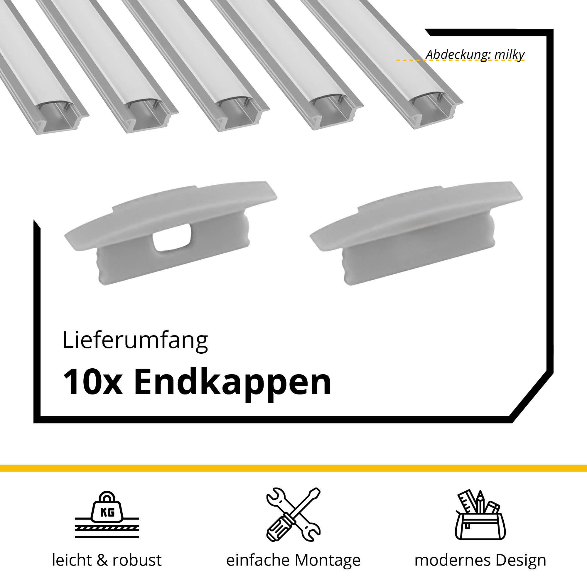 5x A25 LED Profil 2m - Silber inkl. Abdeckung milky & Endkappen 5x A25 LED Profil 2m - Silber inkl. Abdeckung milky & Endkappen