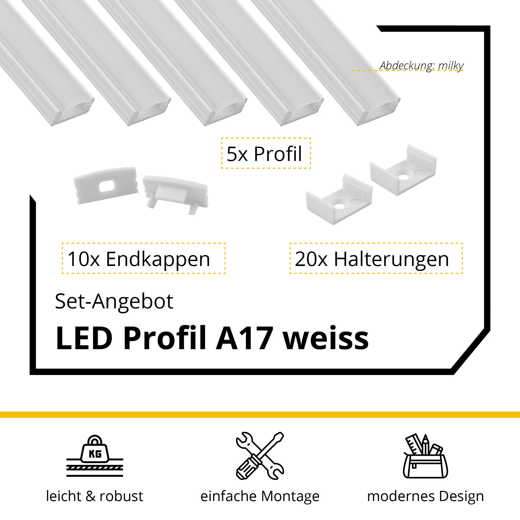 5x A17 LED Profil 2m - Weiss inkl. Abdeckung milky, Halter & Endkappen