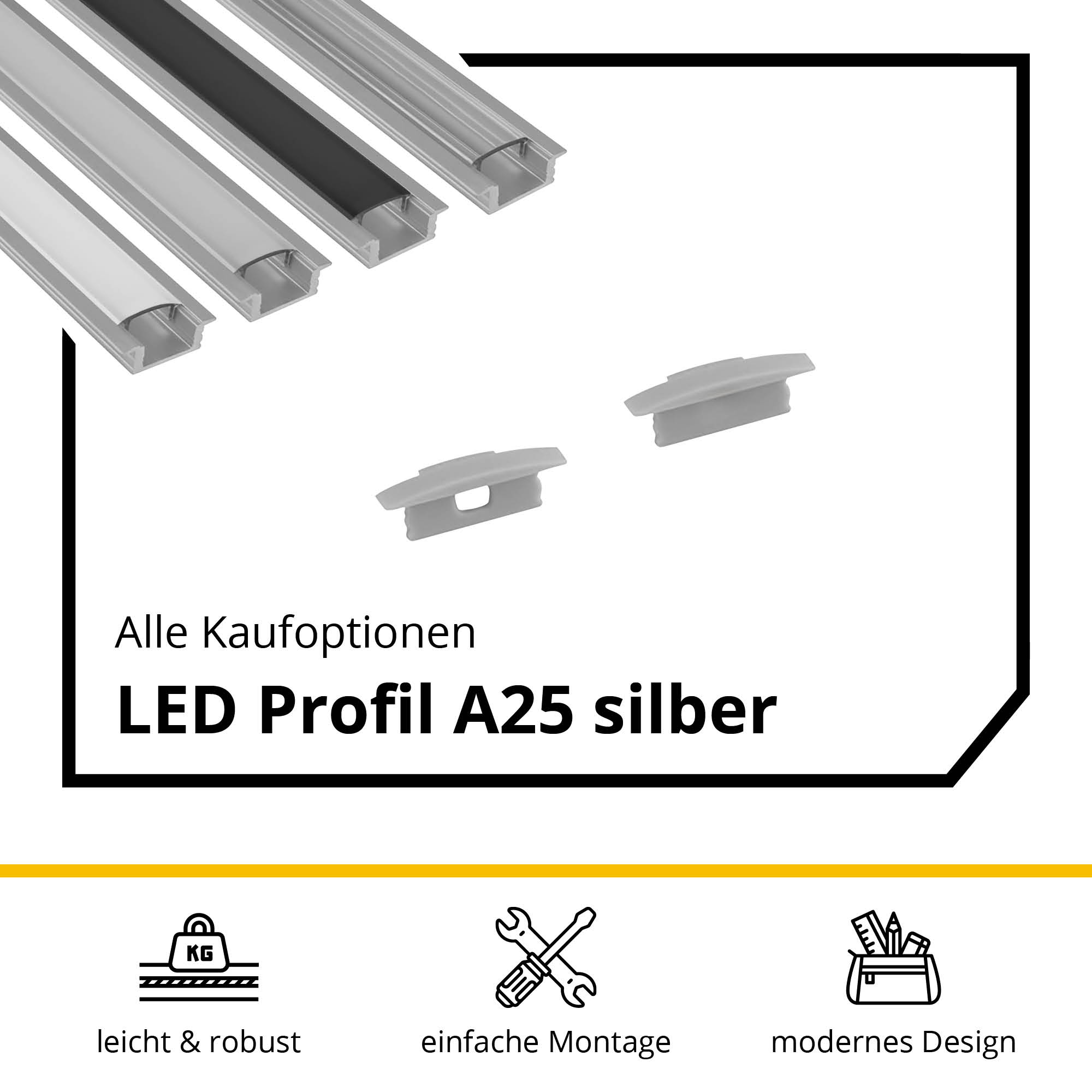 A25 LED Aluprofil Einbauprofil Silber 2m Abdeckung milky