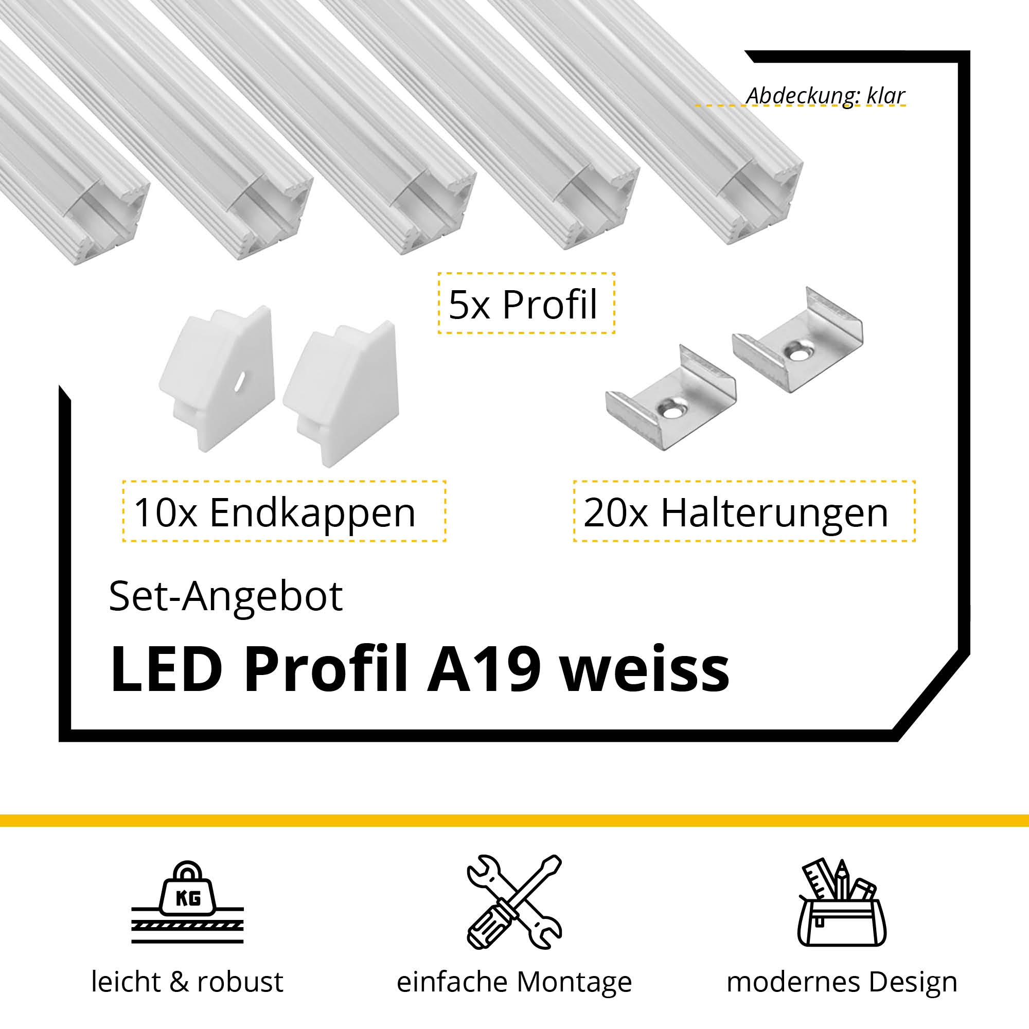 5x A19 LED Profil 2m - Weiss inkl. Abdeckung klar, Halter & Endkappen