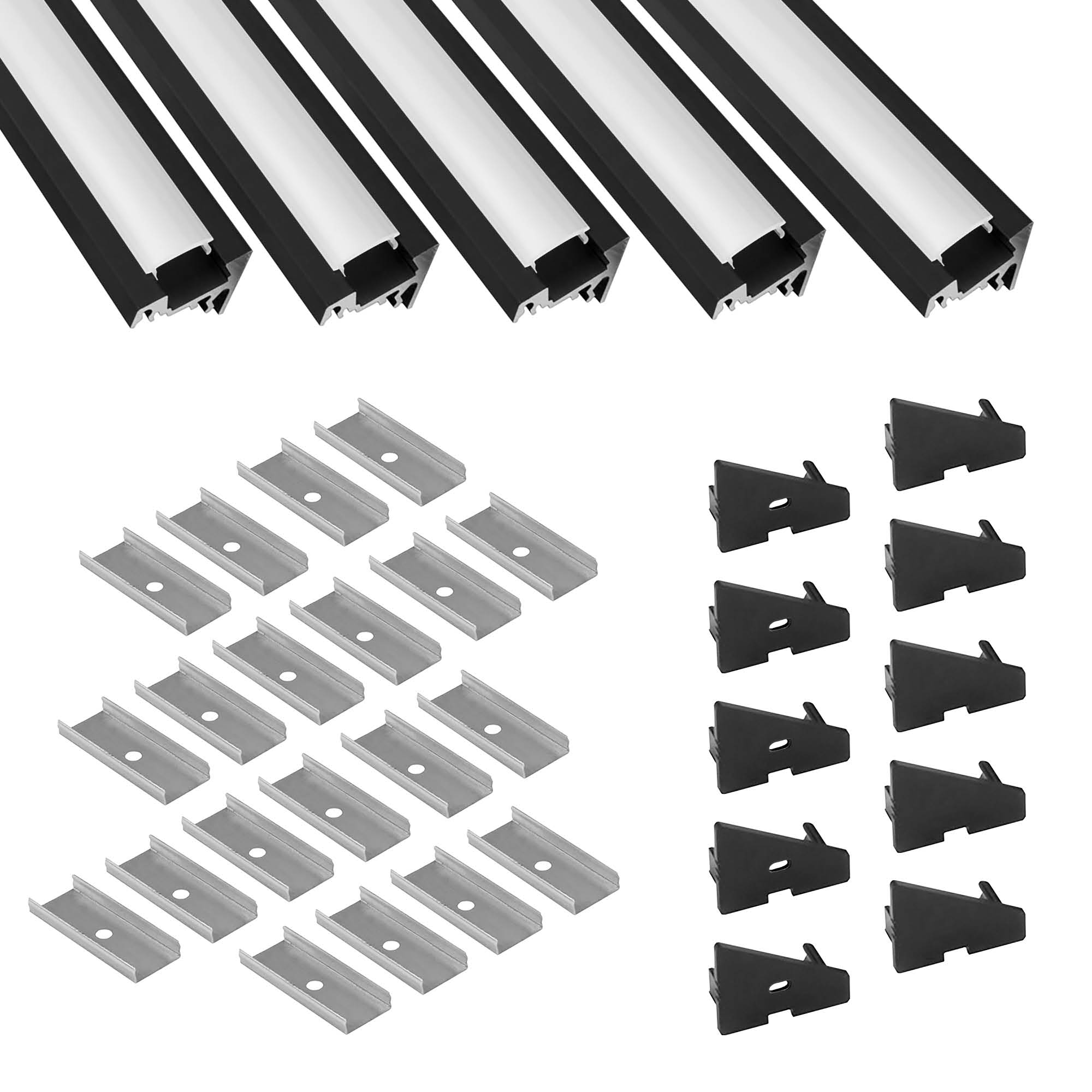 5x A20 LED Profil 2m - Schwarz inkl. Abdeckung milky, Halter & Endkappen