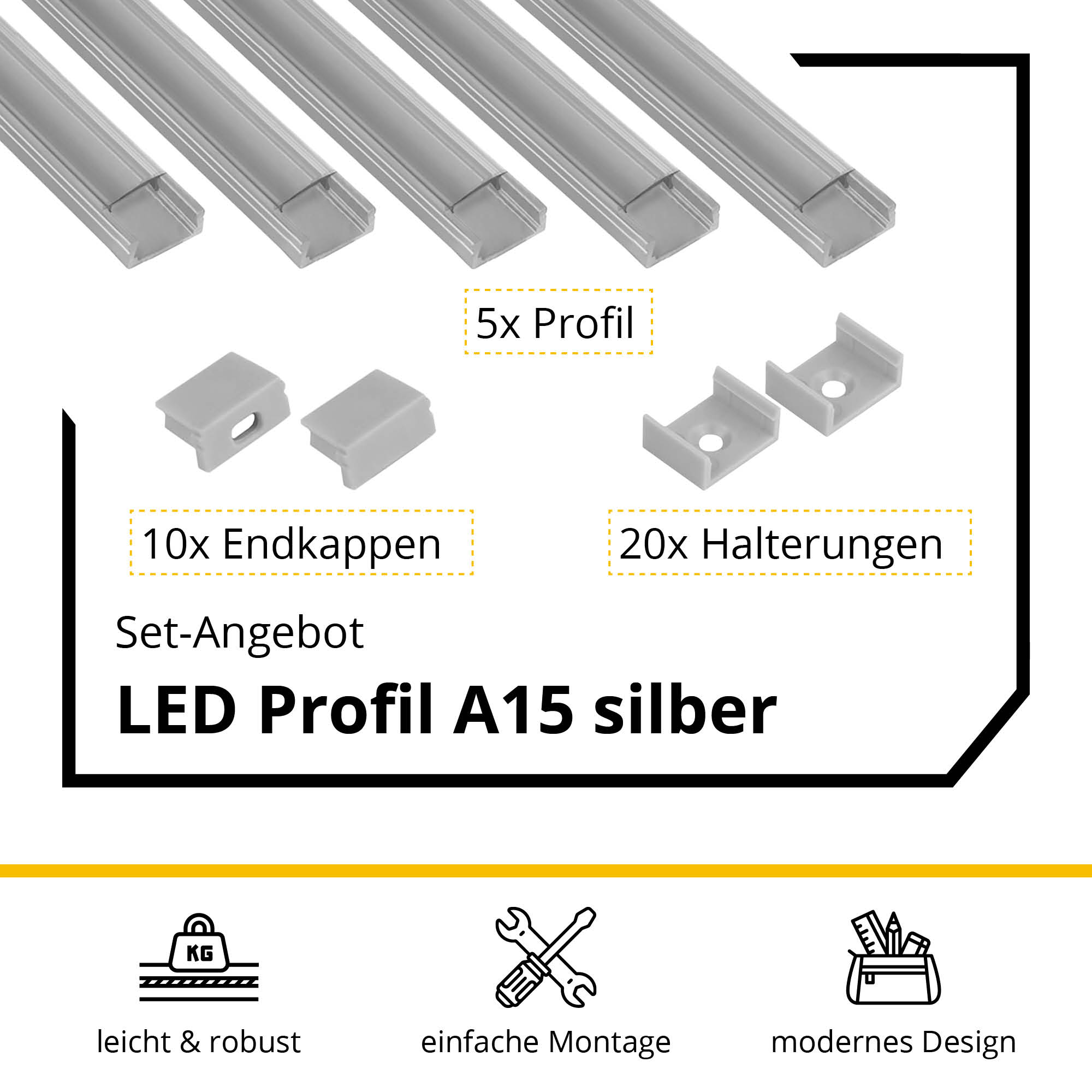 5x A15 LED Profil 2m - Silber inkl. Abdeckung klar, Halter & Endkappen
