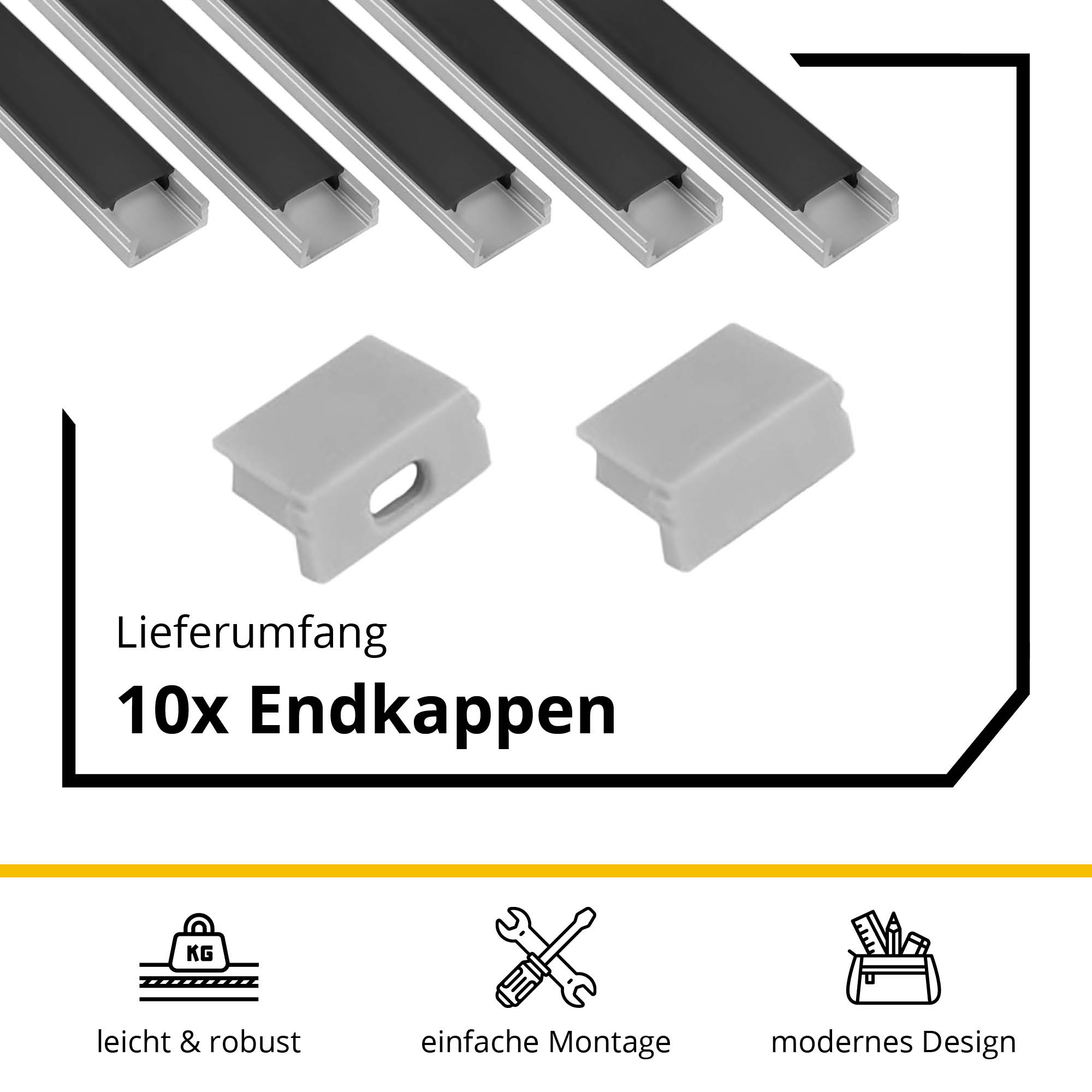 5x A15 LED Profil 2m - Silber inkl. Abdeckung schwarz, Halter & Endkappen