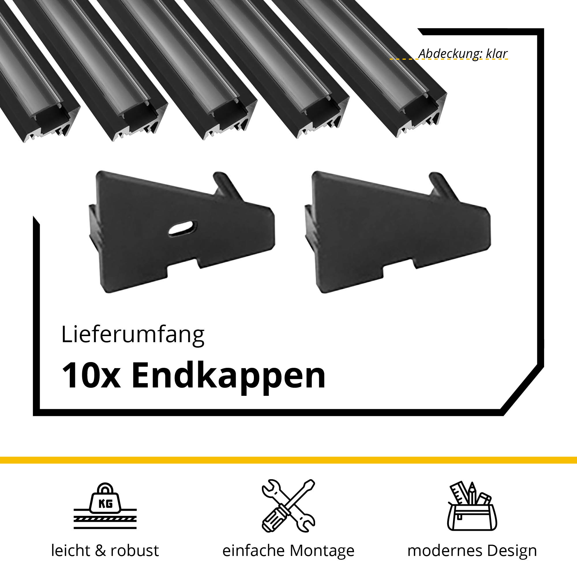 5x A20 LED Profil 2m - Schwarz inkl. Abdeckung klar, Halter & Endkappen