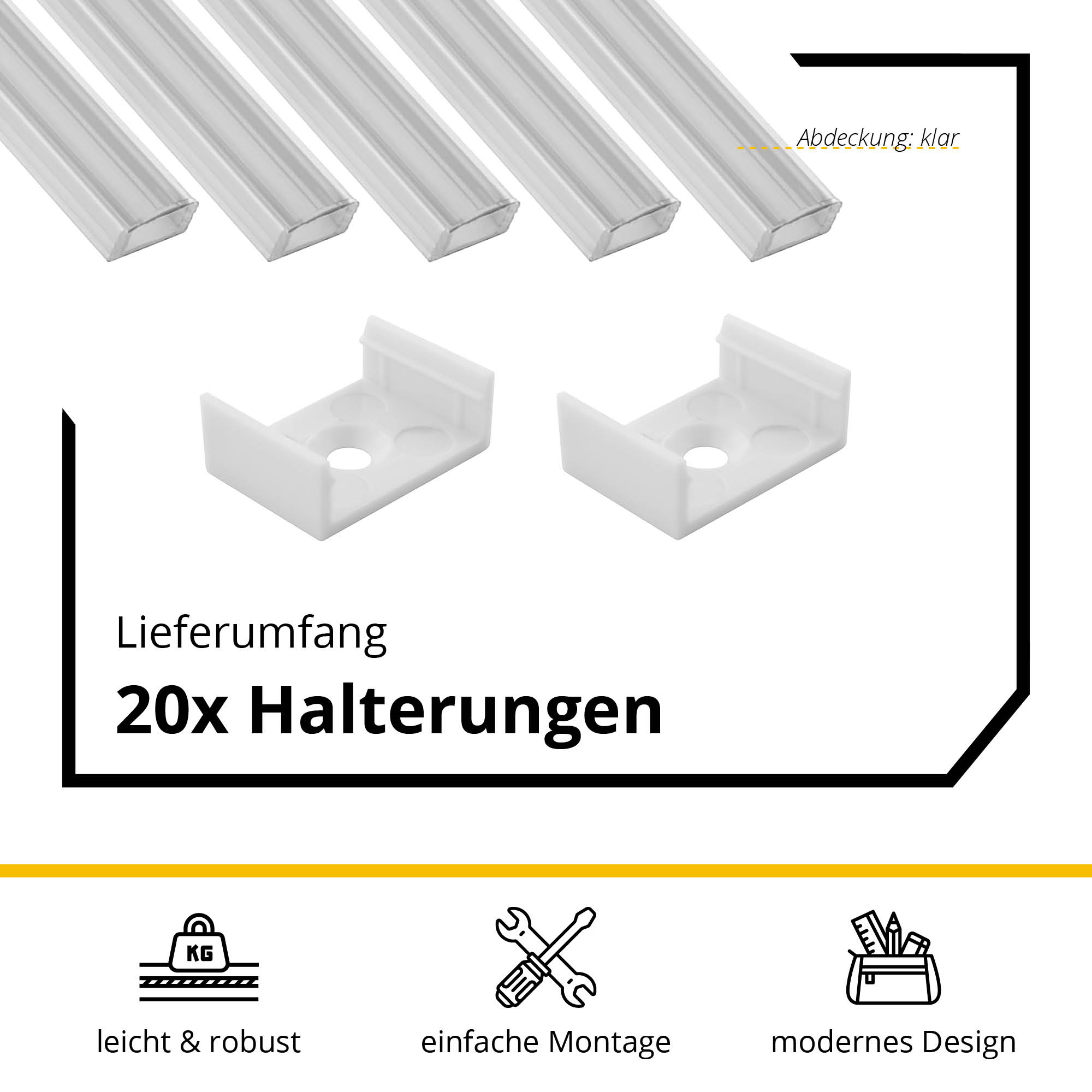 5x A17 LED Profil 2m - Weiss inkl. Abdeckung klar, Halter & Endkappen