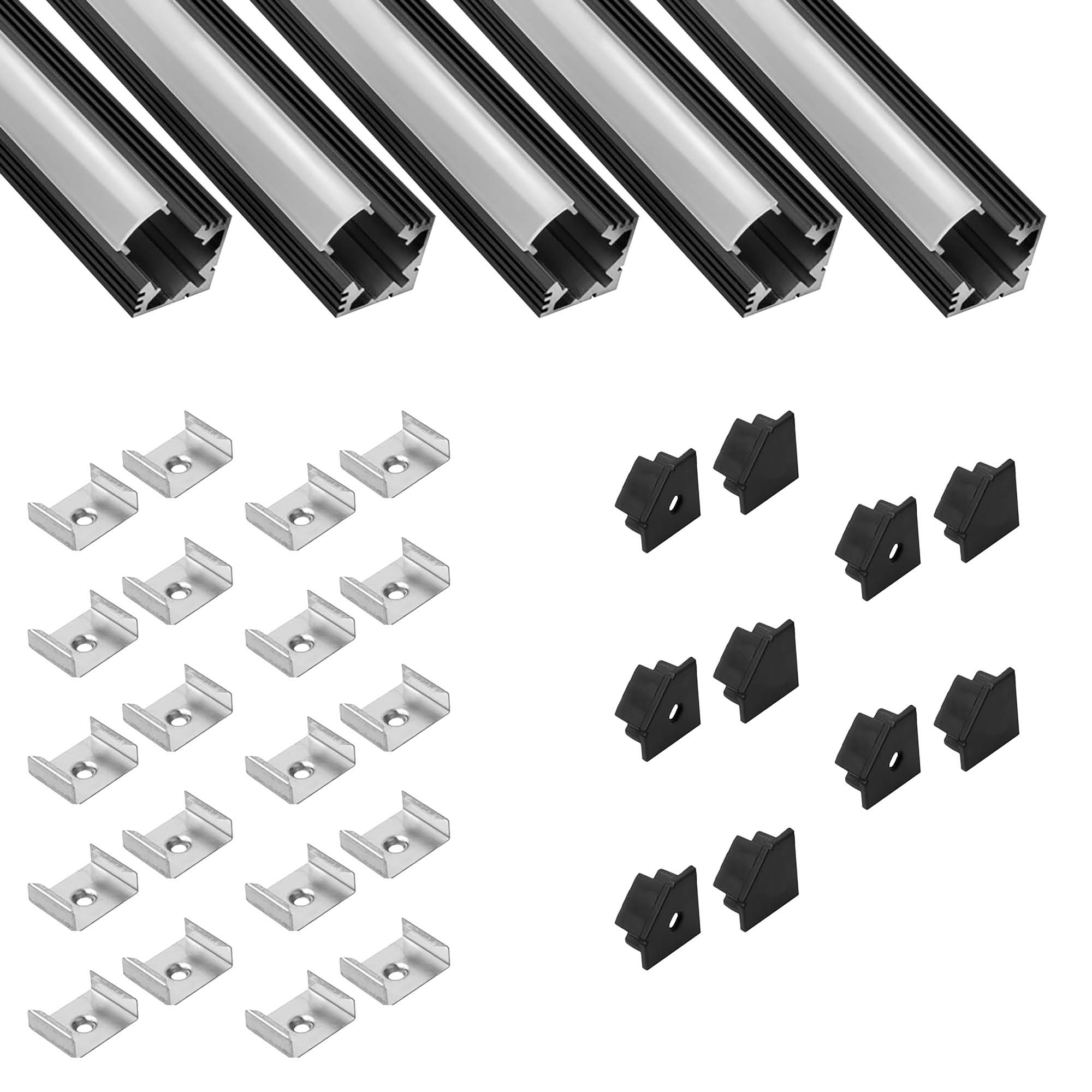 5x A19 LED Profil 2m - Schwarz inkl. Abdeckung opal, Halter & Endkappen