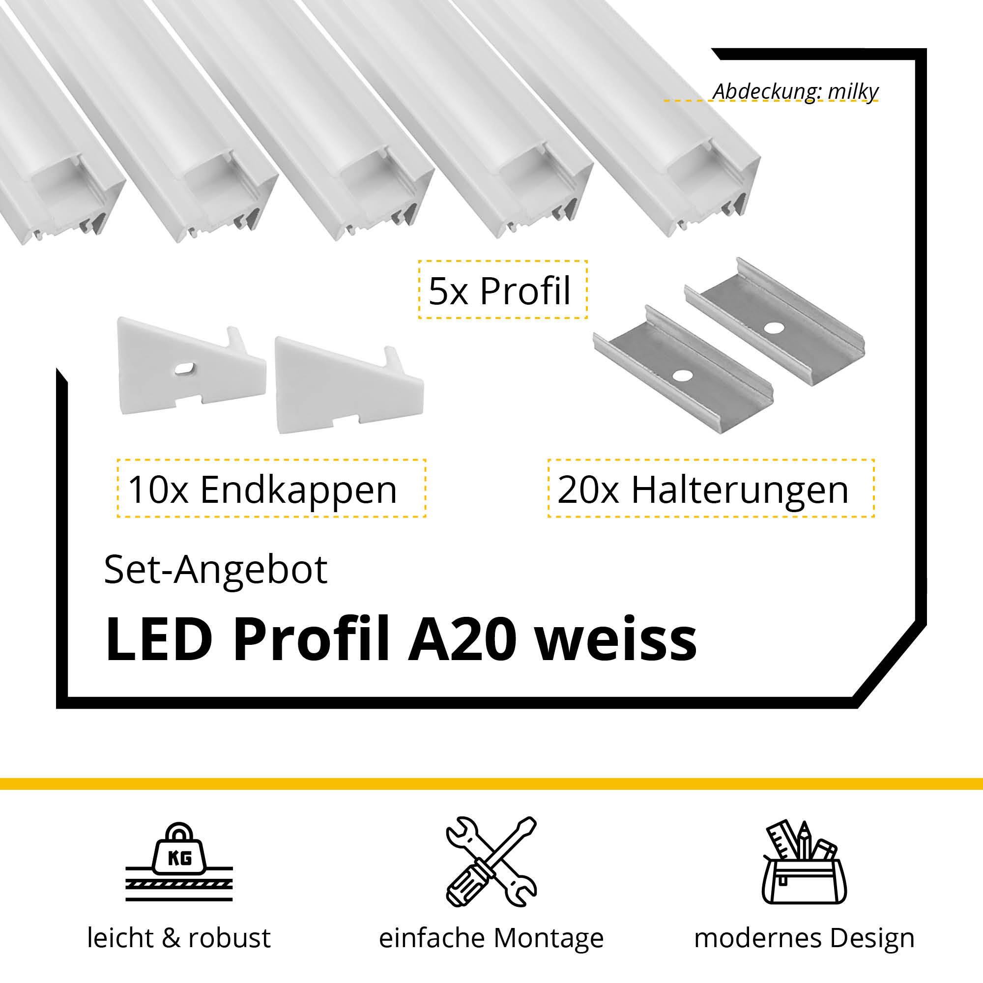5x A20 LED Profil 2m - Weiss inkl. Abdeckung, Halter & Endkappen 5x A20 LED Profil 2m - Weiss inkl. Abdeckung milky, Halter & Endkappen