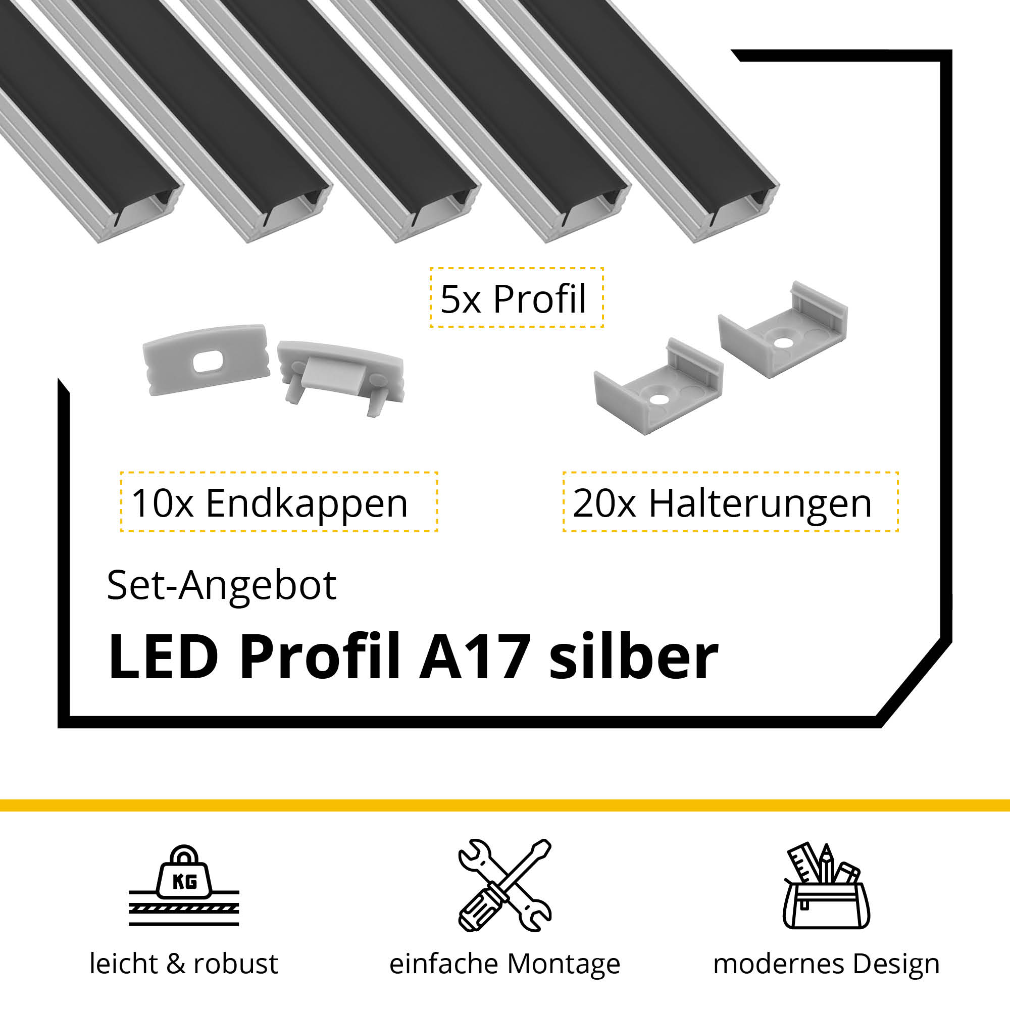 5x A17 LED Profil 2m - Silber inkl. Abdeckung schwarz, Halter & Endkappen