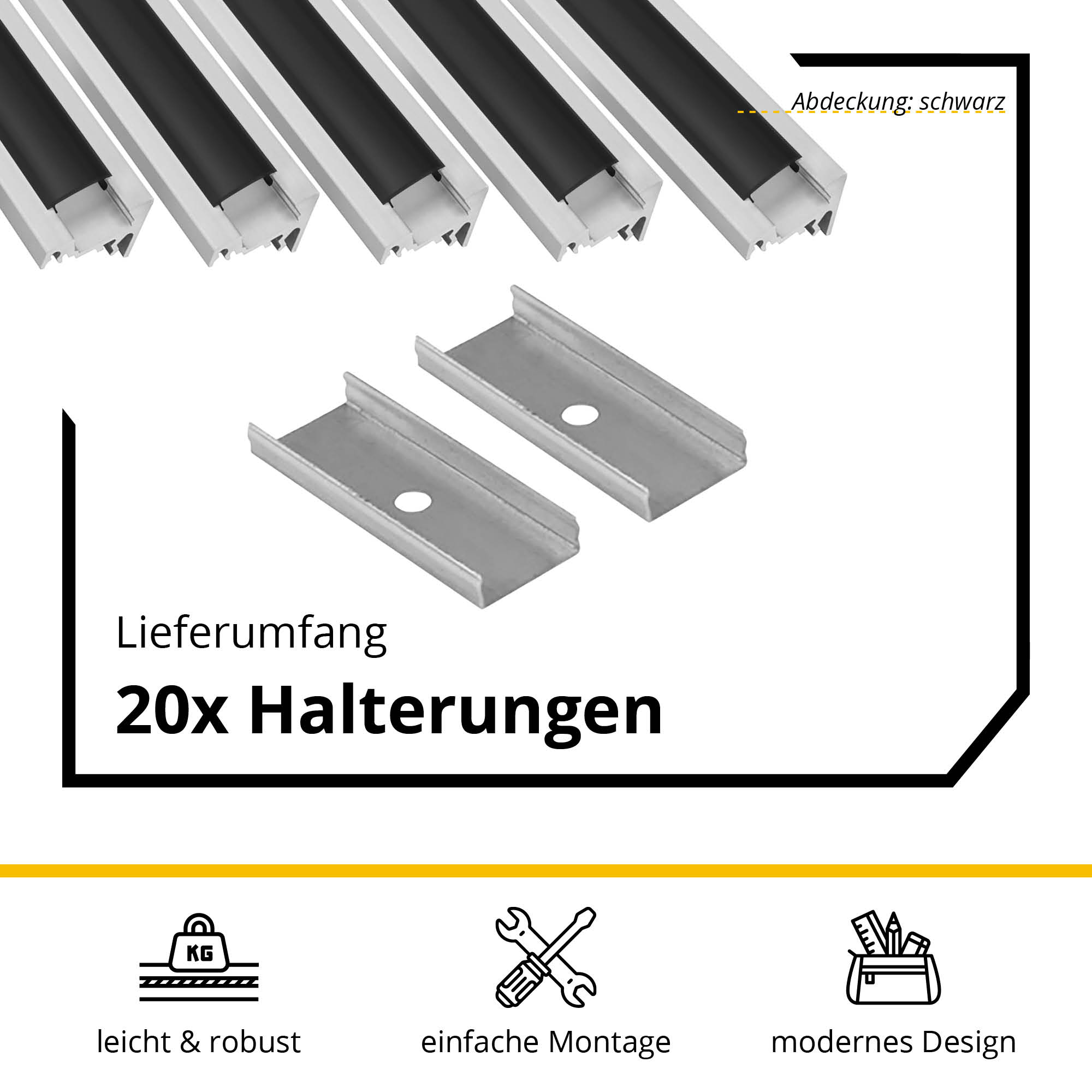 5x A20 LED Profil 2m - Silber inkl. Abdeckung schwarz, Halter & Endkappen 5x A20 LED Profil 2m - Silber inkl. Abdeckung schwarz, Halter & Endkappen