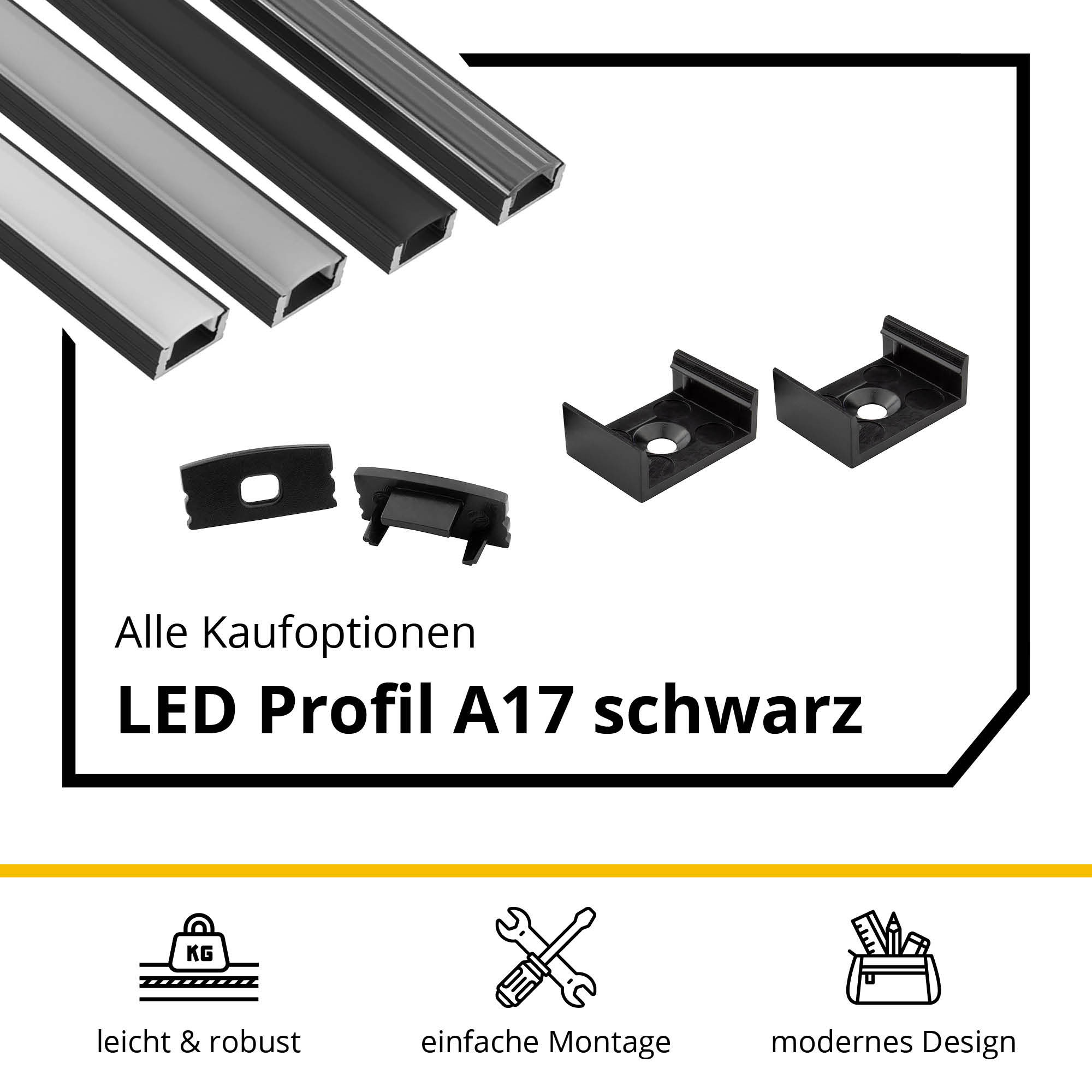A17 LED Aluprofil Schwarz 2m Abdeckung milky