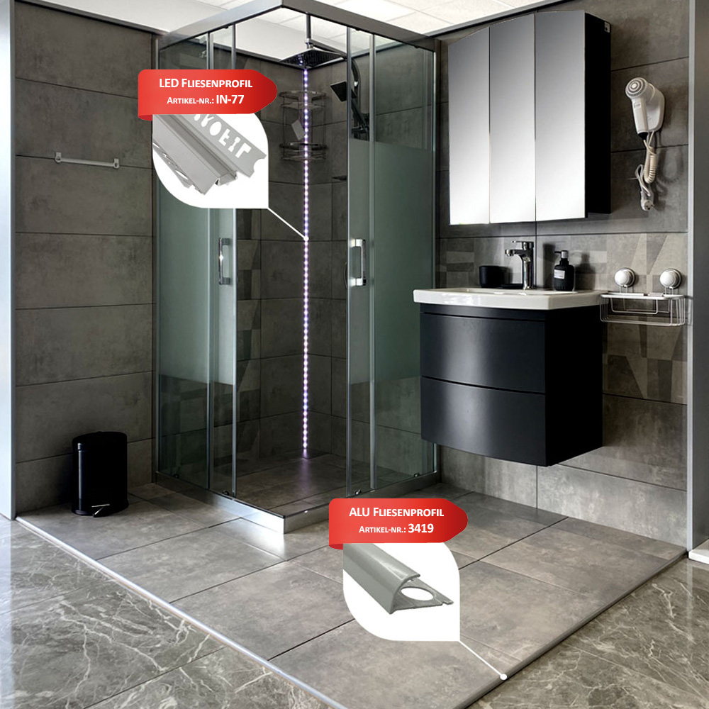 IN-T77 LED Alu Fliesenprofil Ecke innen 10mm silber IN-T77 LED Alu Fliesenprofil Ecke innen 12mm silber 2m opal