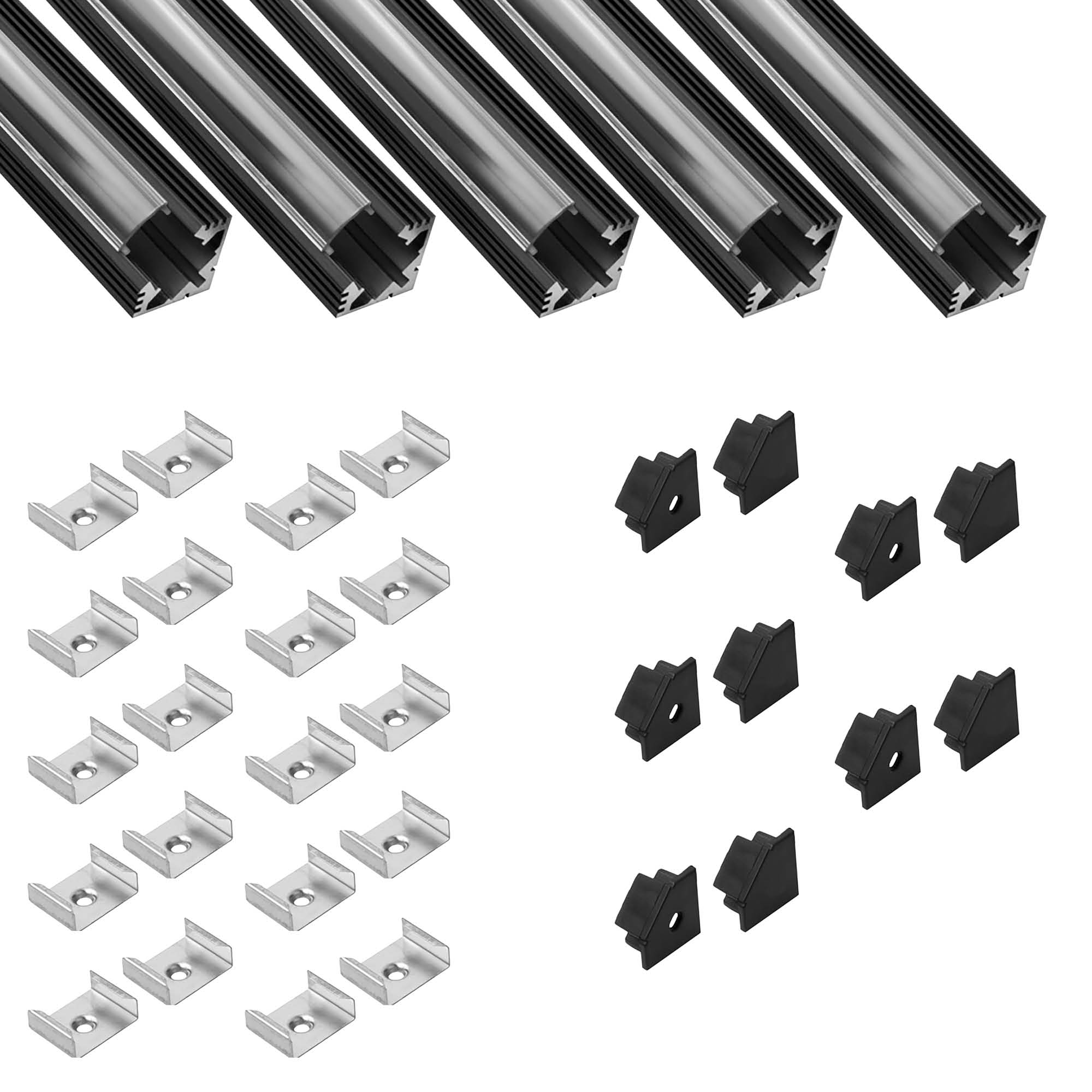 5x A19 LED Profil 2m - Schwarz inkl. Abdeckung klar, Halter & Endkappen