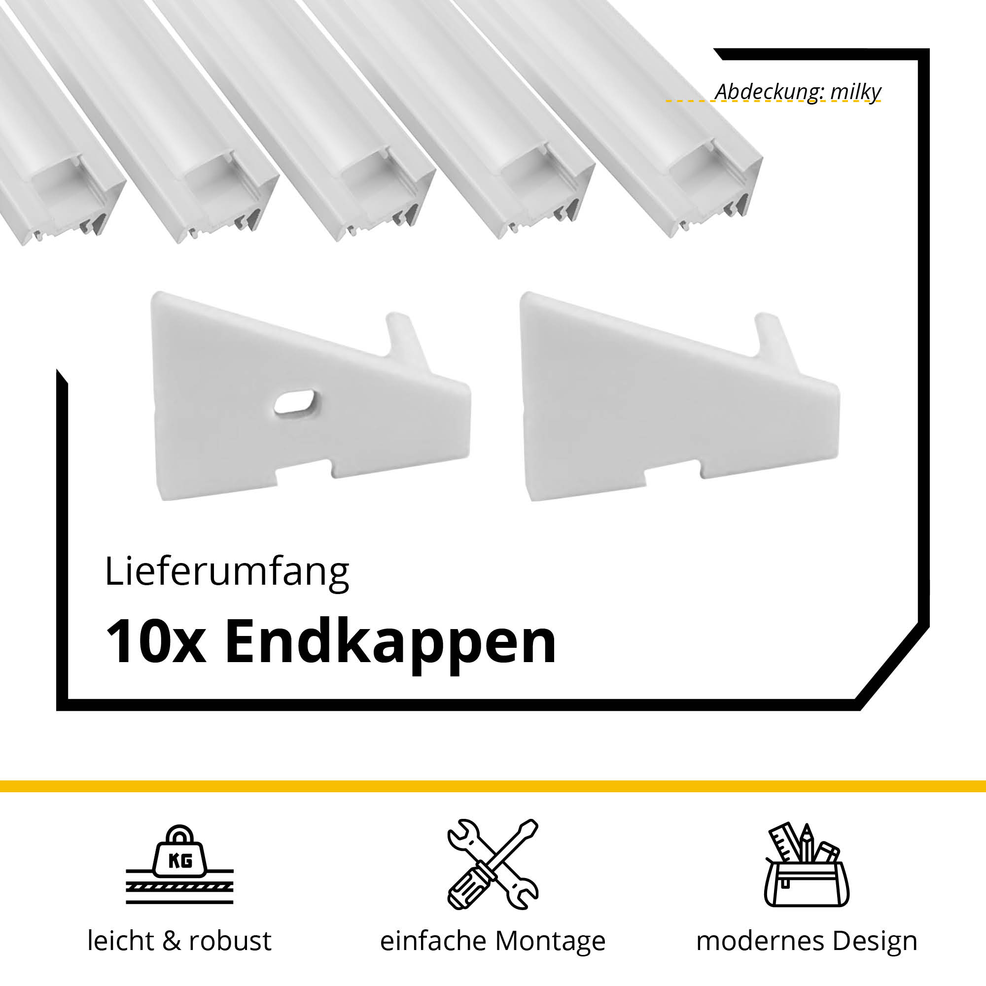 5x A20 LED Profil 2m - Weiss inkl. Abdeckung milky, Halter & Endkappen