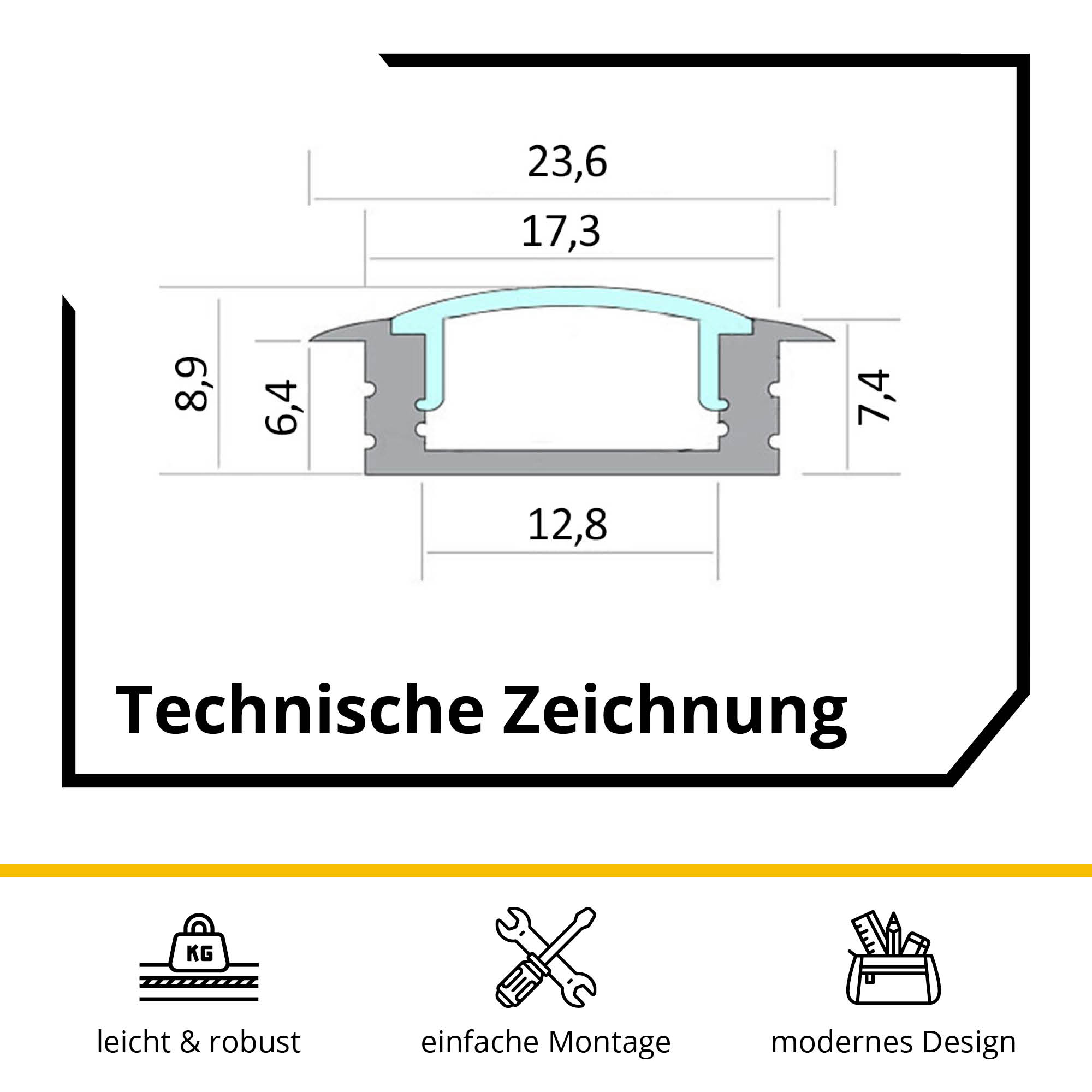 5x A25 LED Profil 2m - Schwarz inkl. Abdeckung & Endkappen 5x A25 LED Profil 2m - Weiss inkl. Abdeckung opal & Endkappen