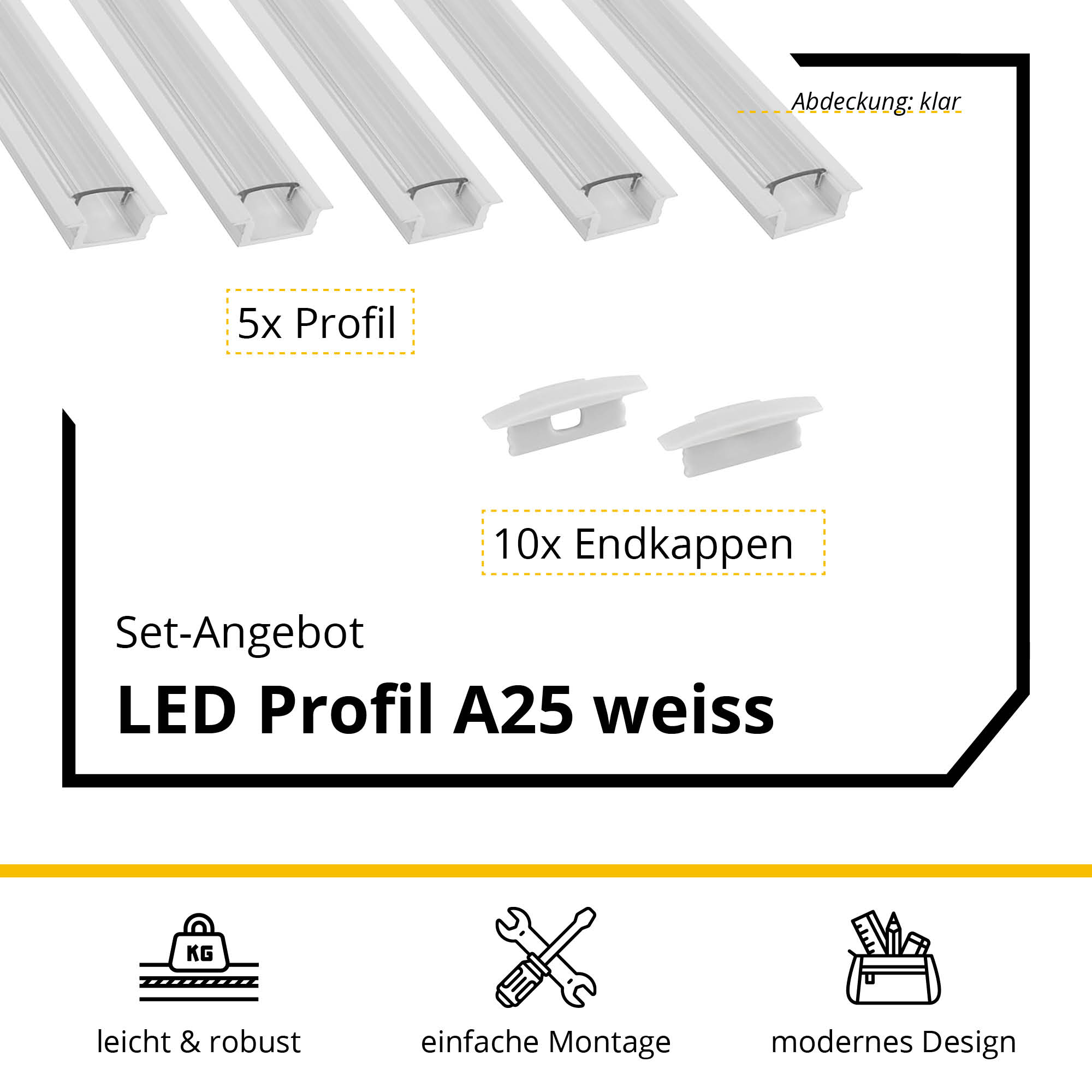 5x A25 LED Profil 2m - Weiss inkl. Abdeckung klar & Endkappen