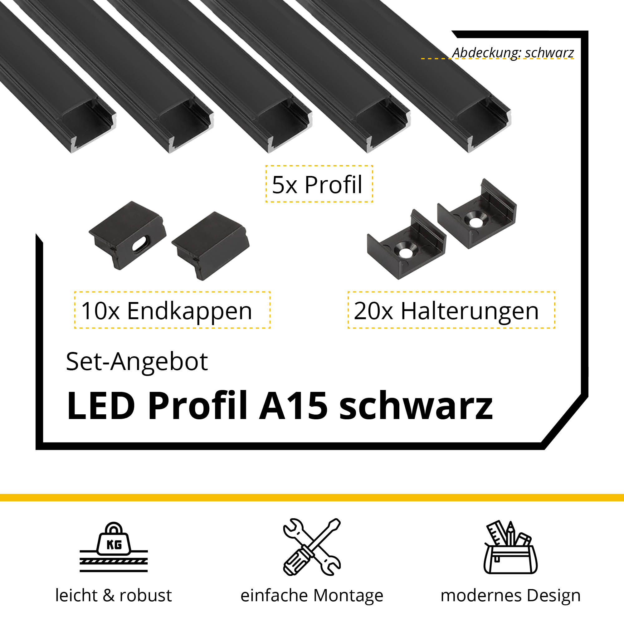 5x A15 LED Profil 2m - Schwarz inkl. Abdeckung schwarz, Halter & Endkappen 5x A15 LED Profil 2m - Schwarz inkl. Abdeckung schwarz, Halter & Endkappen