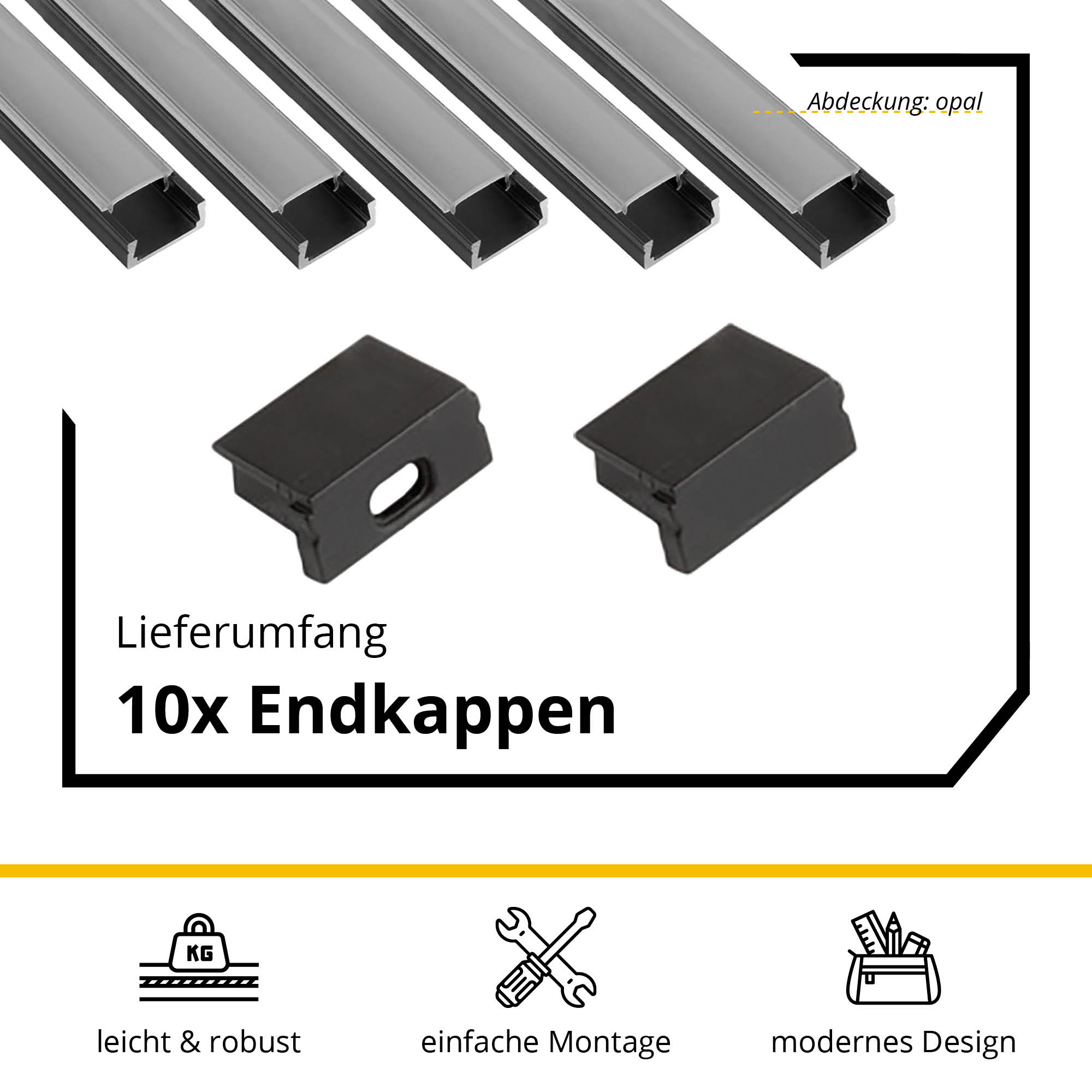 5x A15 LED Profil 2m - Schwarz inkl. Abdeckung opal, Halter & Endkappen 5x A15 LED Profil 2m - Schwarz inkl. Abdeckung opal, Halter & Endkappen