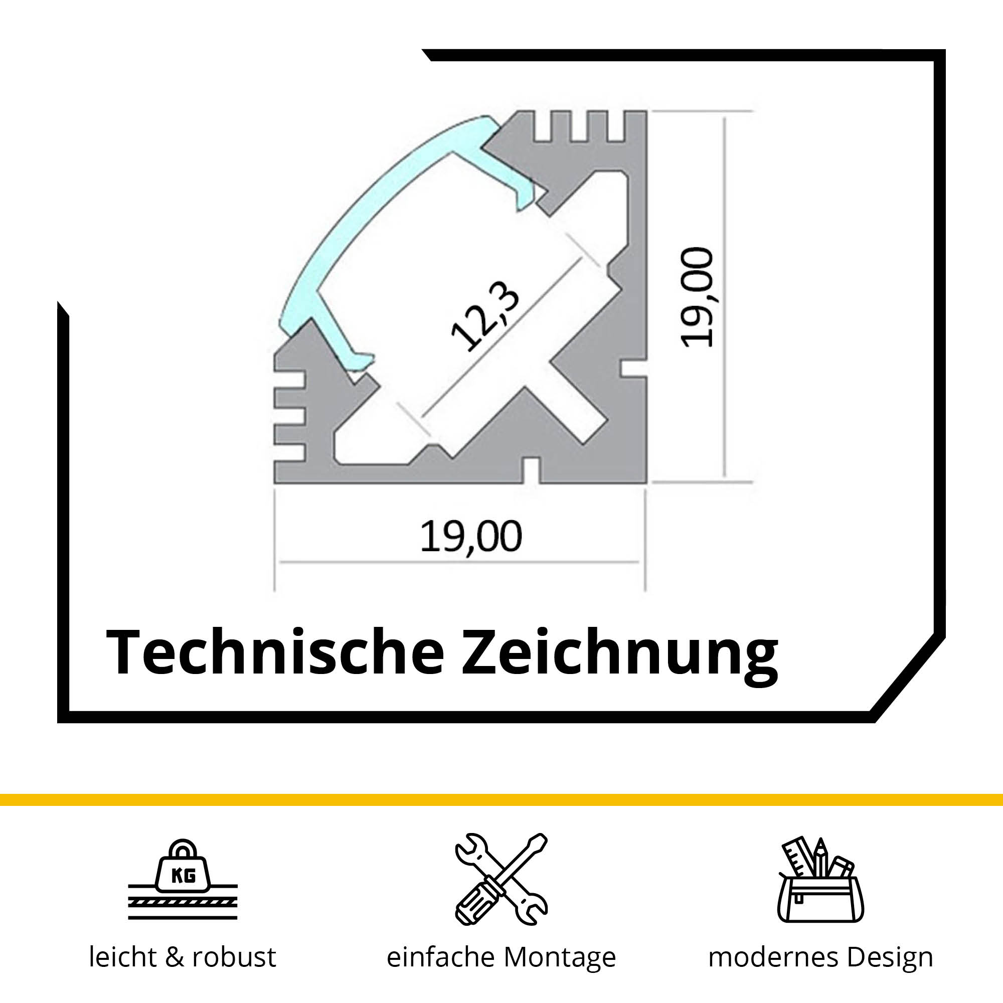 5x A19 LED Profil 2m - Weiss inkl. Abdeckung opal, Halter & Endkappen