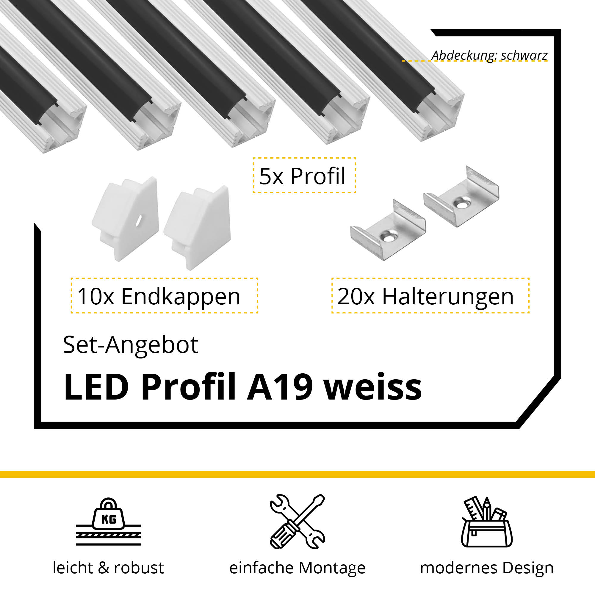 5x A19 LED Profil 2m - Weiss inkl. Abdeckung schwarz, Halter & Endkappen