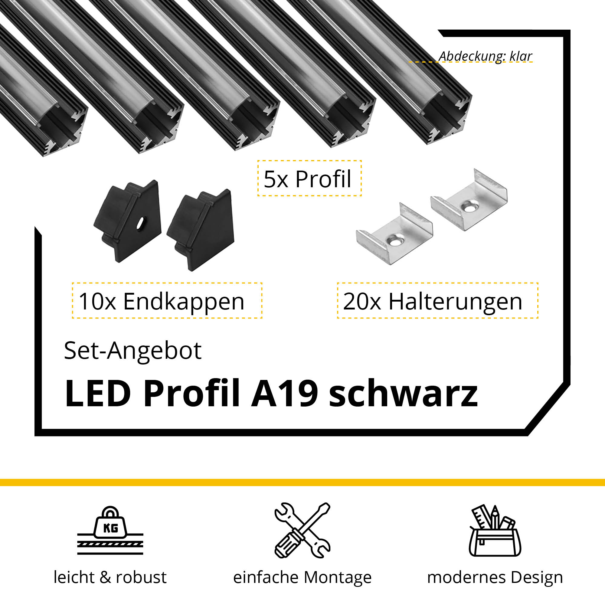 5x A19 LED Profil 2m - Schwarz inkl. Abdeckung klar, Halter & Endkappen