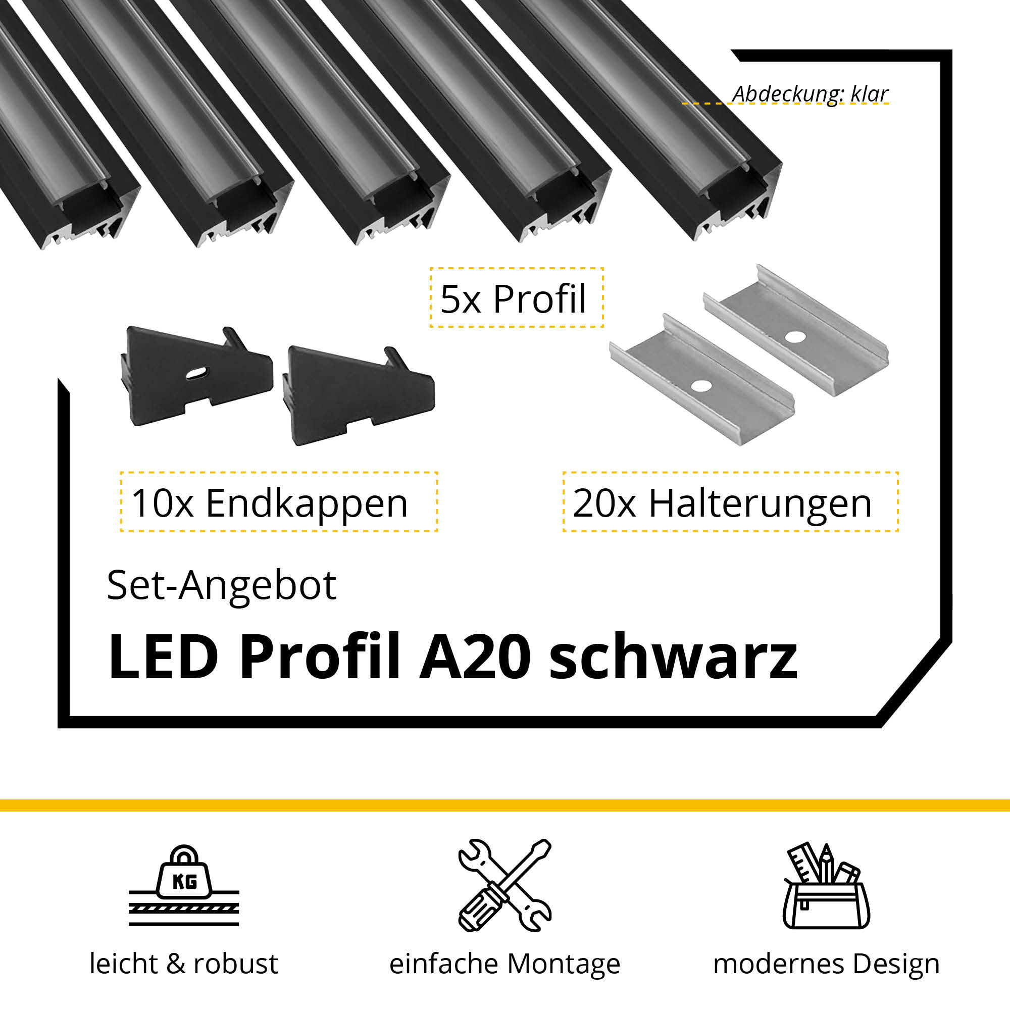 5x A20 LED Profil 2m - Schwarz inkl. Abdeckung klar, Halter & Endkappen