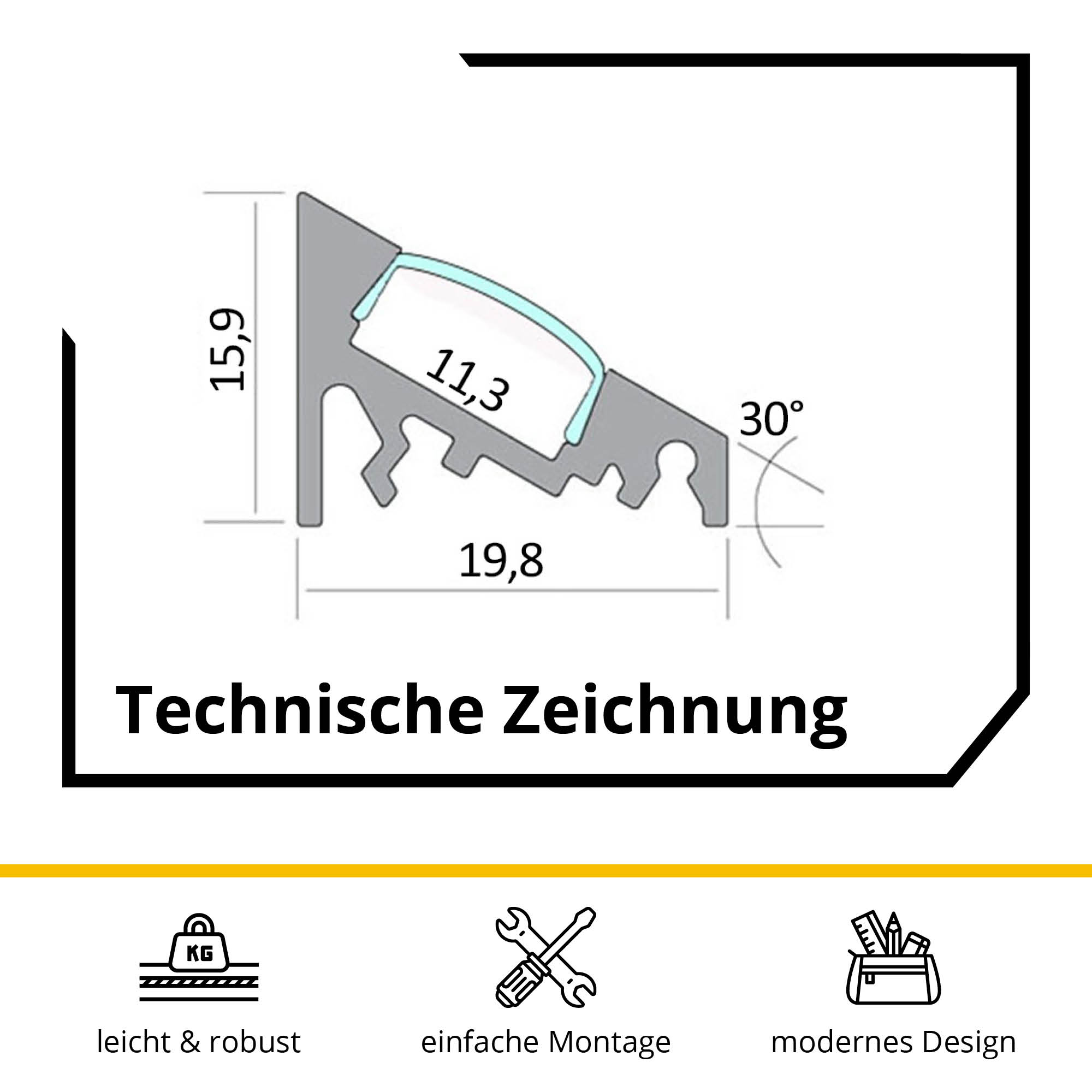 5x A20 LED Profil 2m - Weiss inkl. Abdeckung opal, Halter & Endkappen