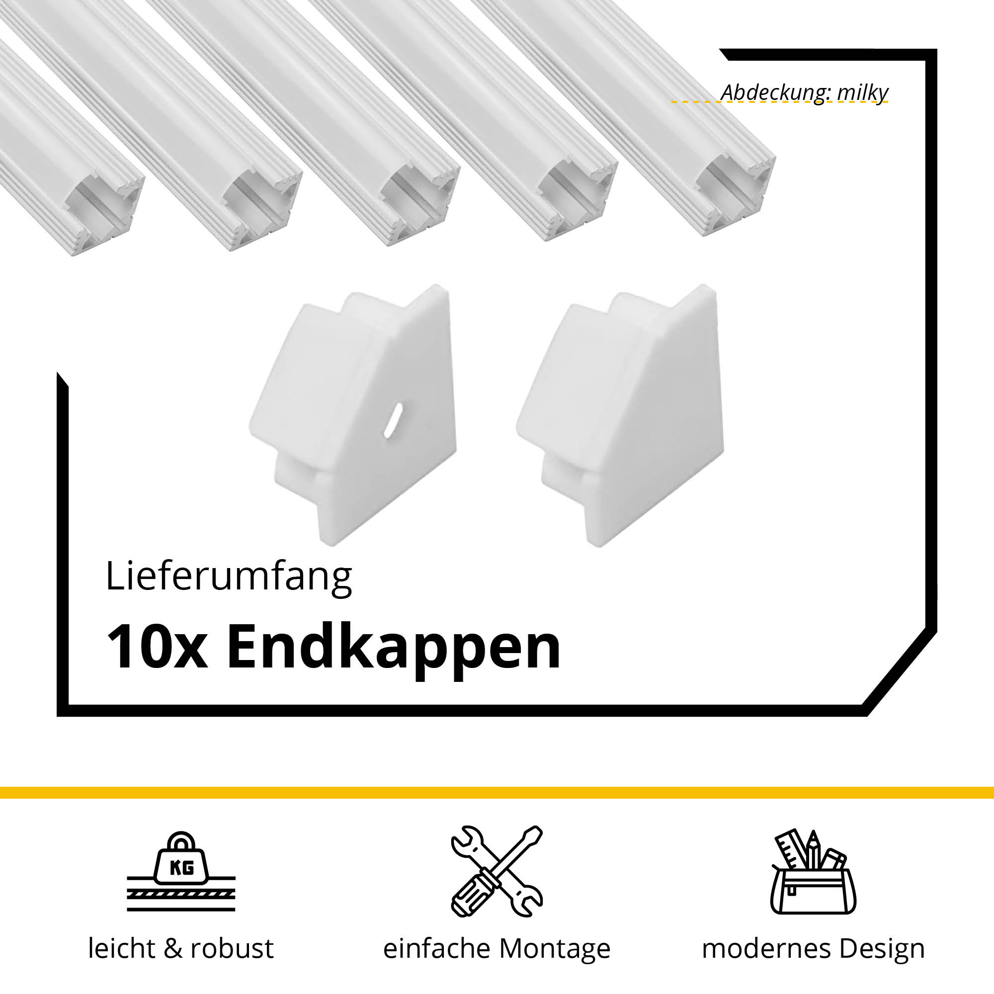 5x A19 LED Profil 2m - Weiss inkl. Abdeckung milky, Halter & Endkappen