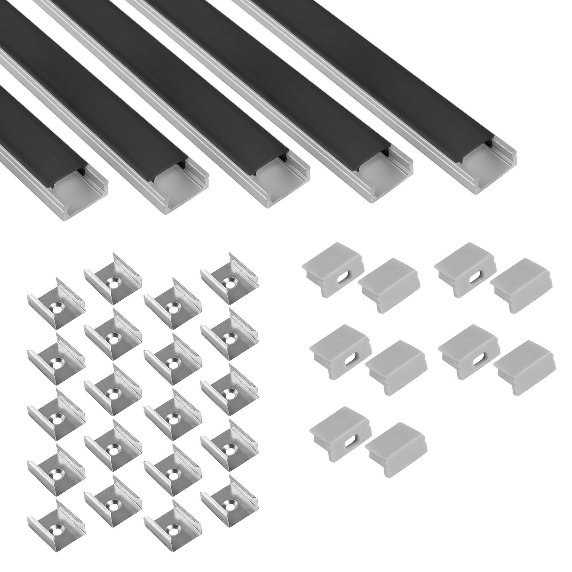 5x A15 LED profile 2 m - Silver incl. black cover, clips & end caps 5x A15 LED profile 2 m - Silver incl. black cover, clips & end caps