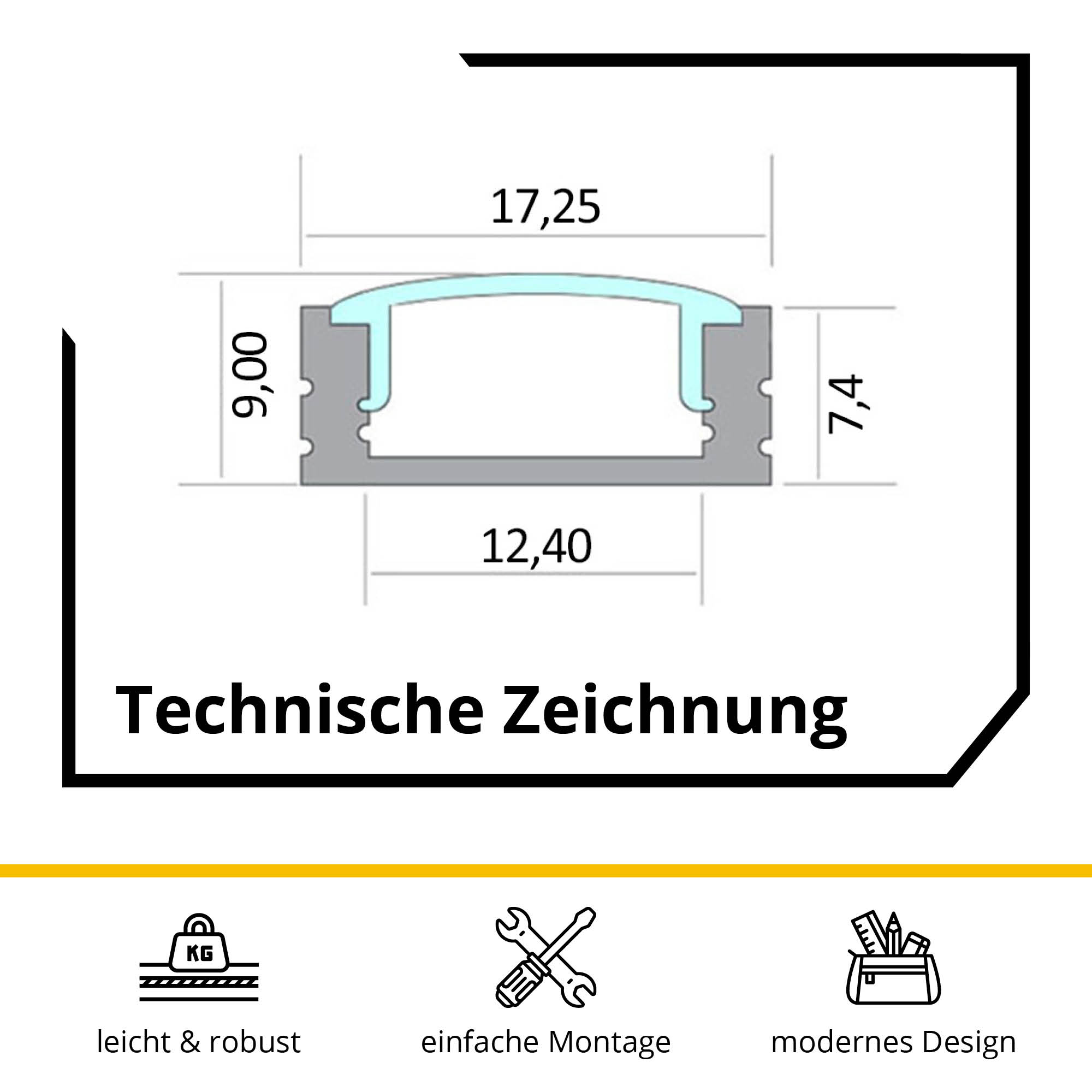 A17 LED Aluprofil Schwarz 5x A17 LED Profil 2m - Weiss inkl. Abdeckung opal, Halter & Endkappen