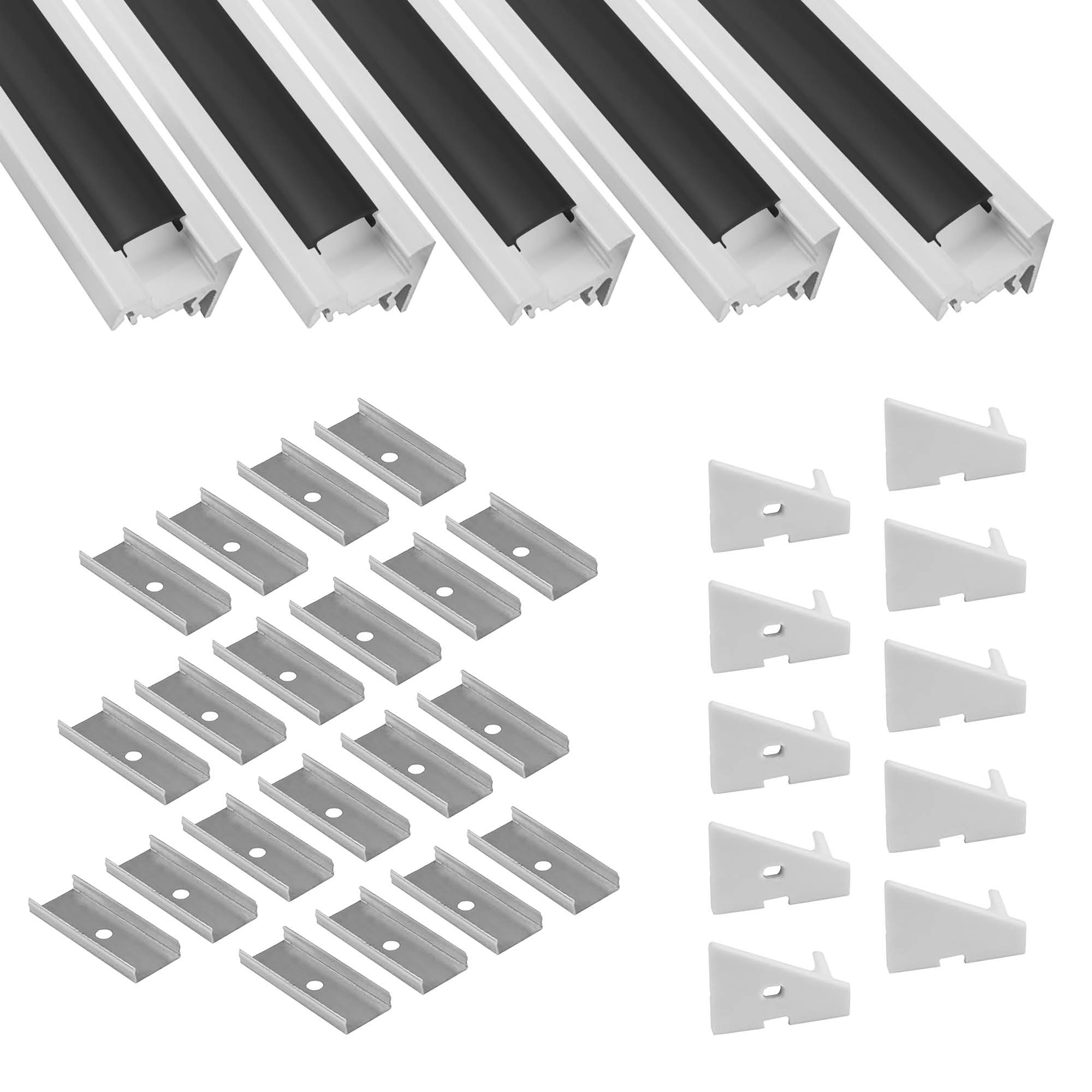 5x A20 LED Profil 2m - Weiss inkl. Abdeckung schwarz, Halter & Endkappen