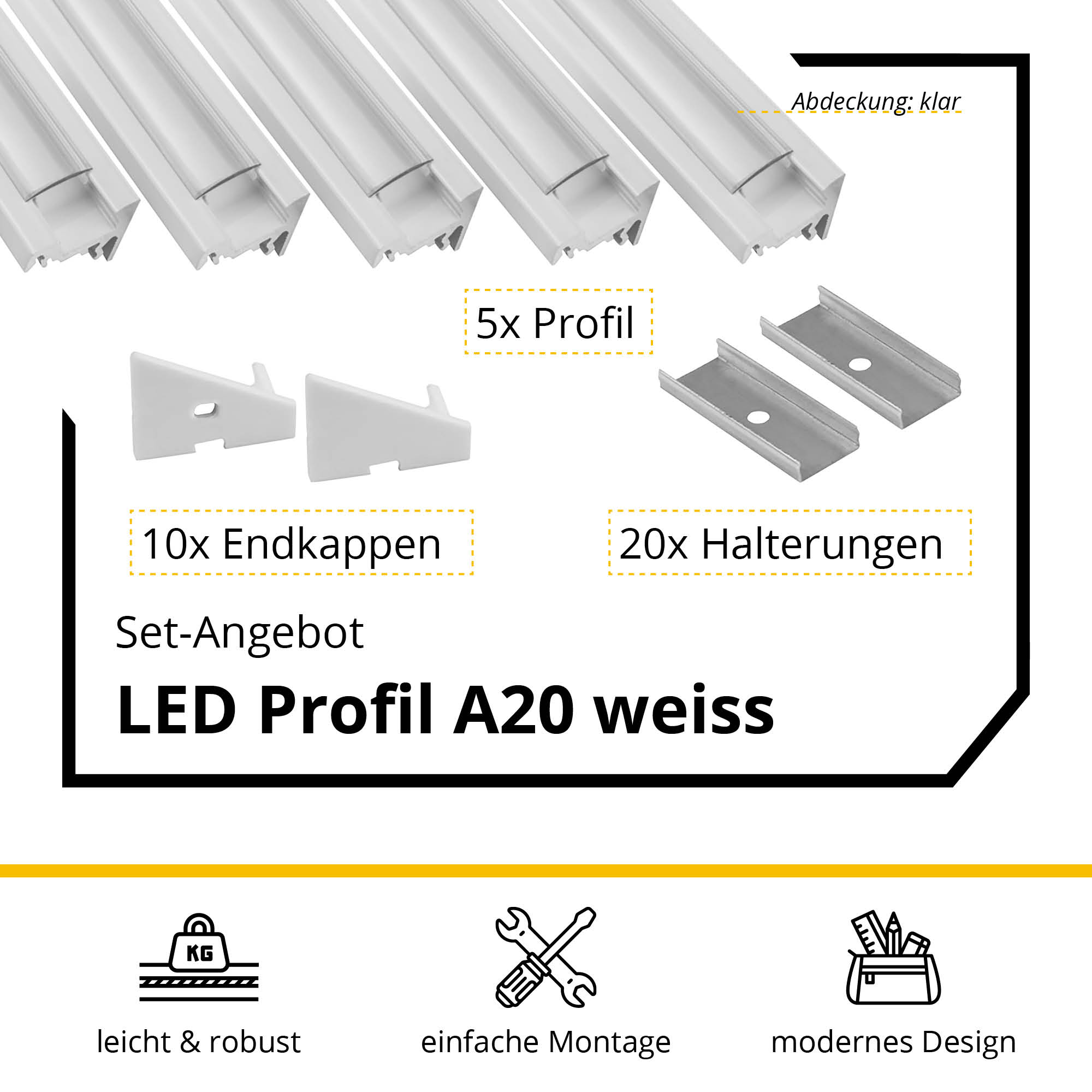5x A20 LED Profil 2m - Weiss inkl. Abdeckung klar, Halter & Endkappen