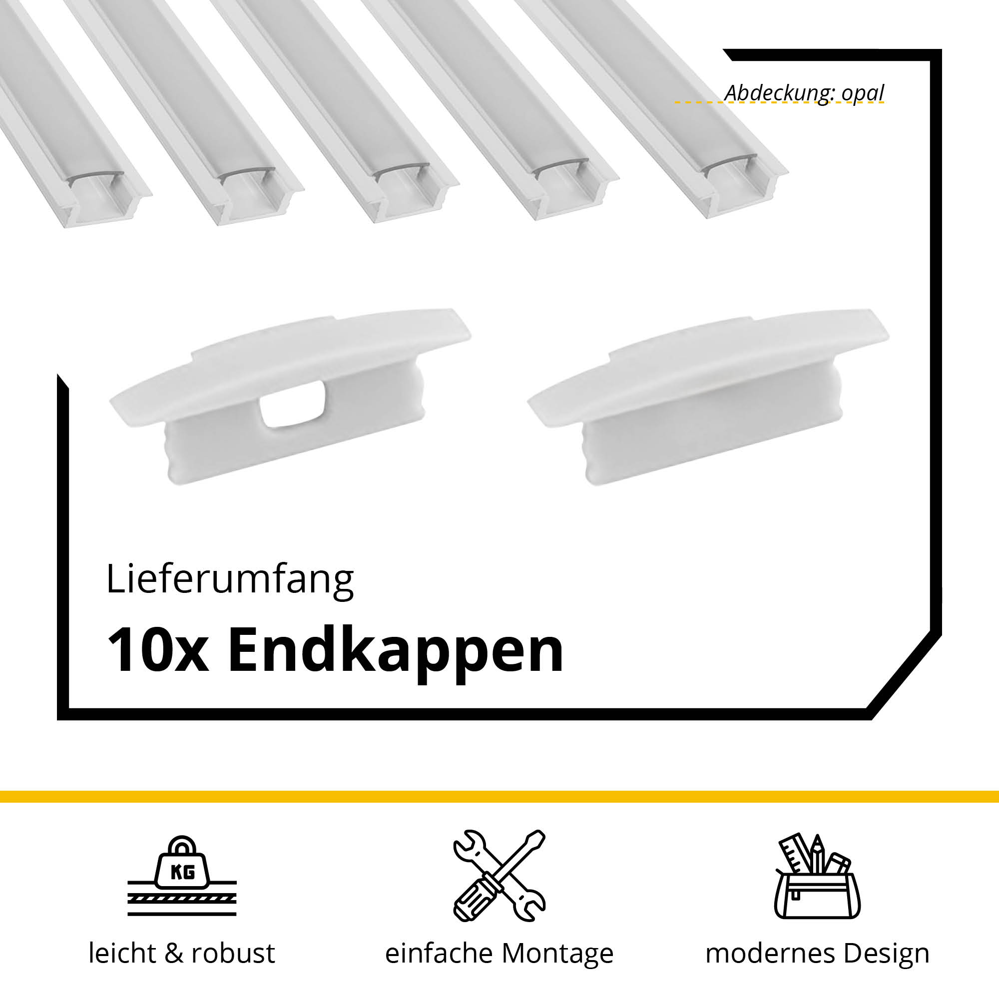 5x A25 LED Profil 2m - Weiss inkl. Abdeckung opal & Endkappen