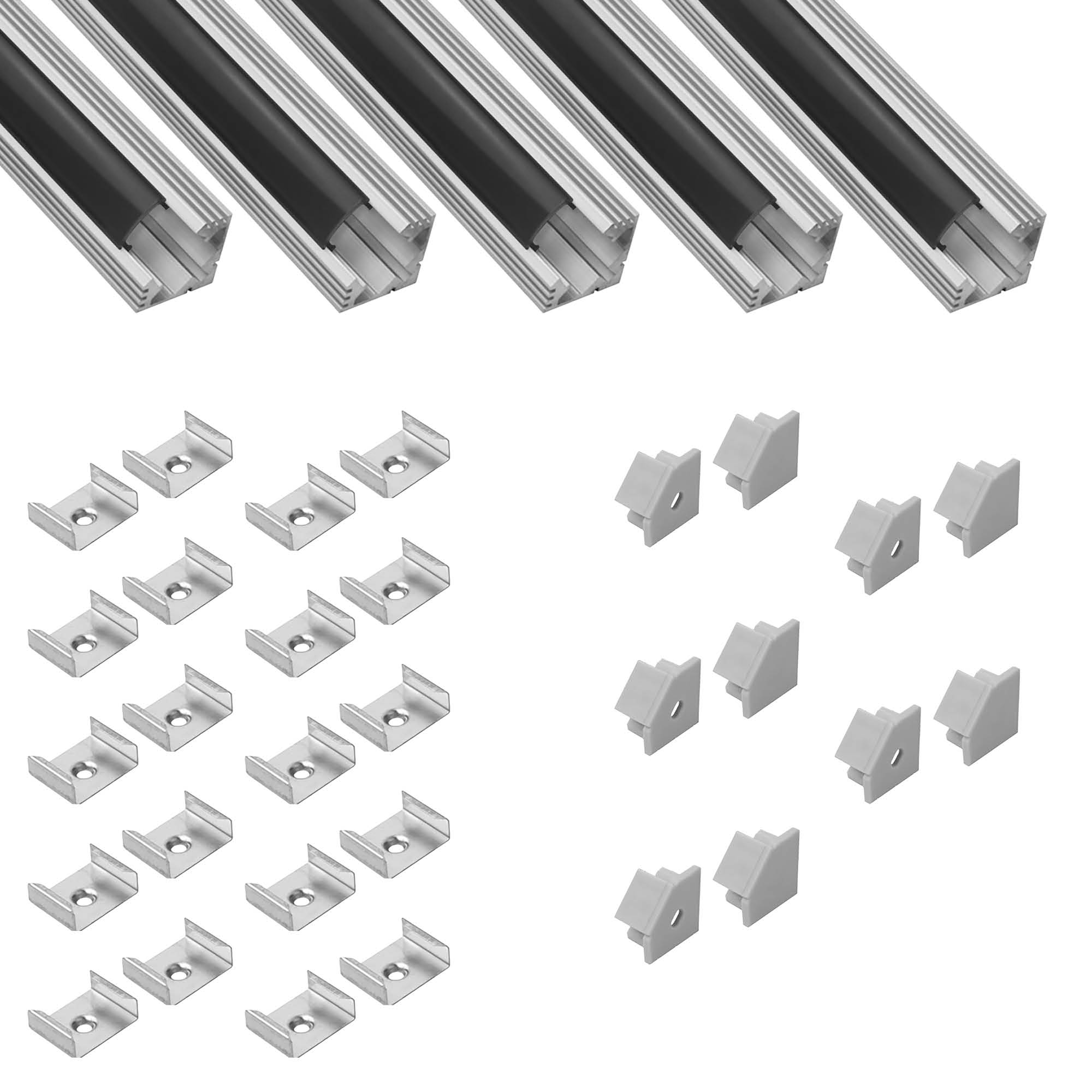 5x A19 LED Profil 2m - Silber inkl. Abdeckung schwarz, Halter & Endkappen
