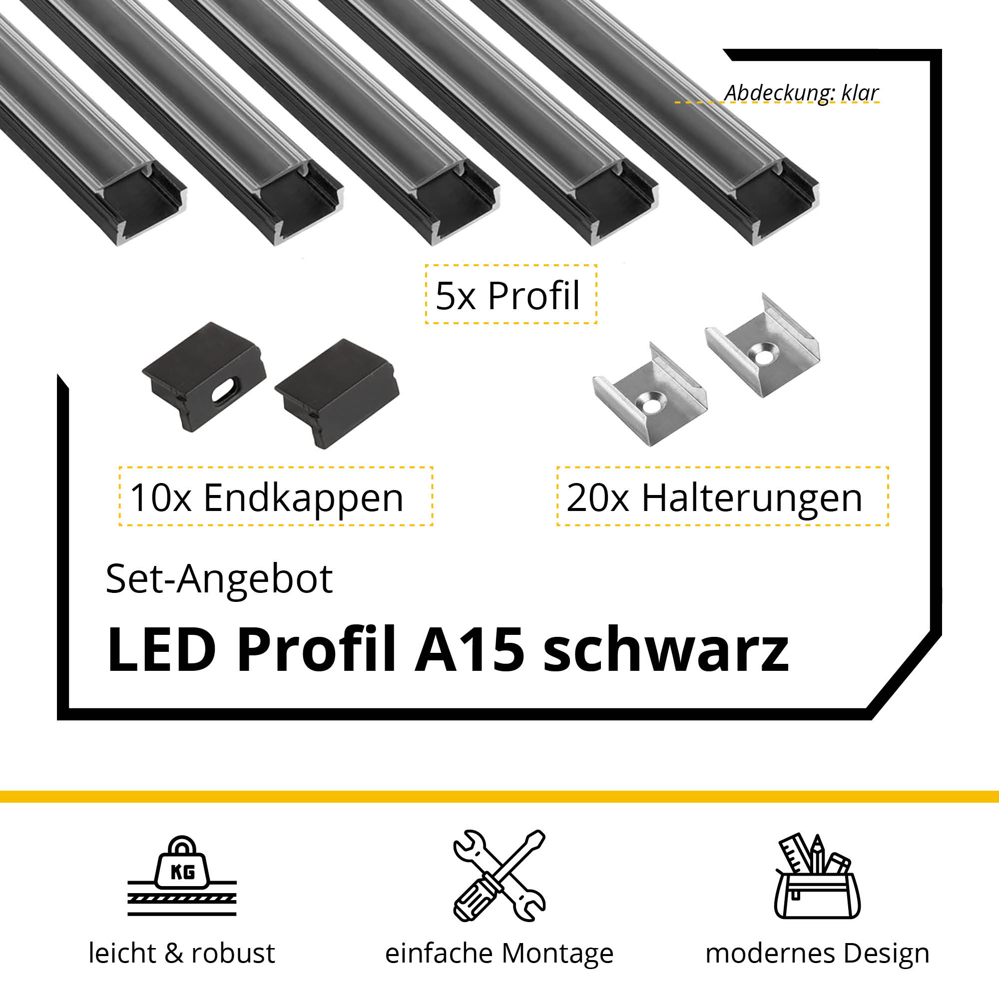 5x A15 LED Profil 2m - Schwarz inkl. Abdeckung klar, Halter & Endkappen 5x A15 LED Profil 2m - Schwarz inkl. Abdeckung, Halter & Endkappen